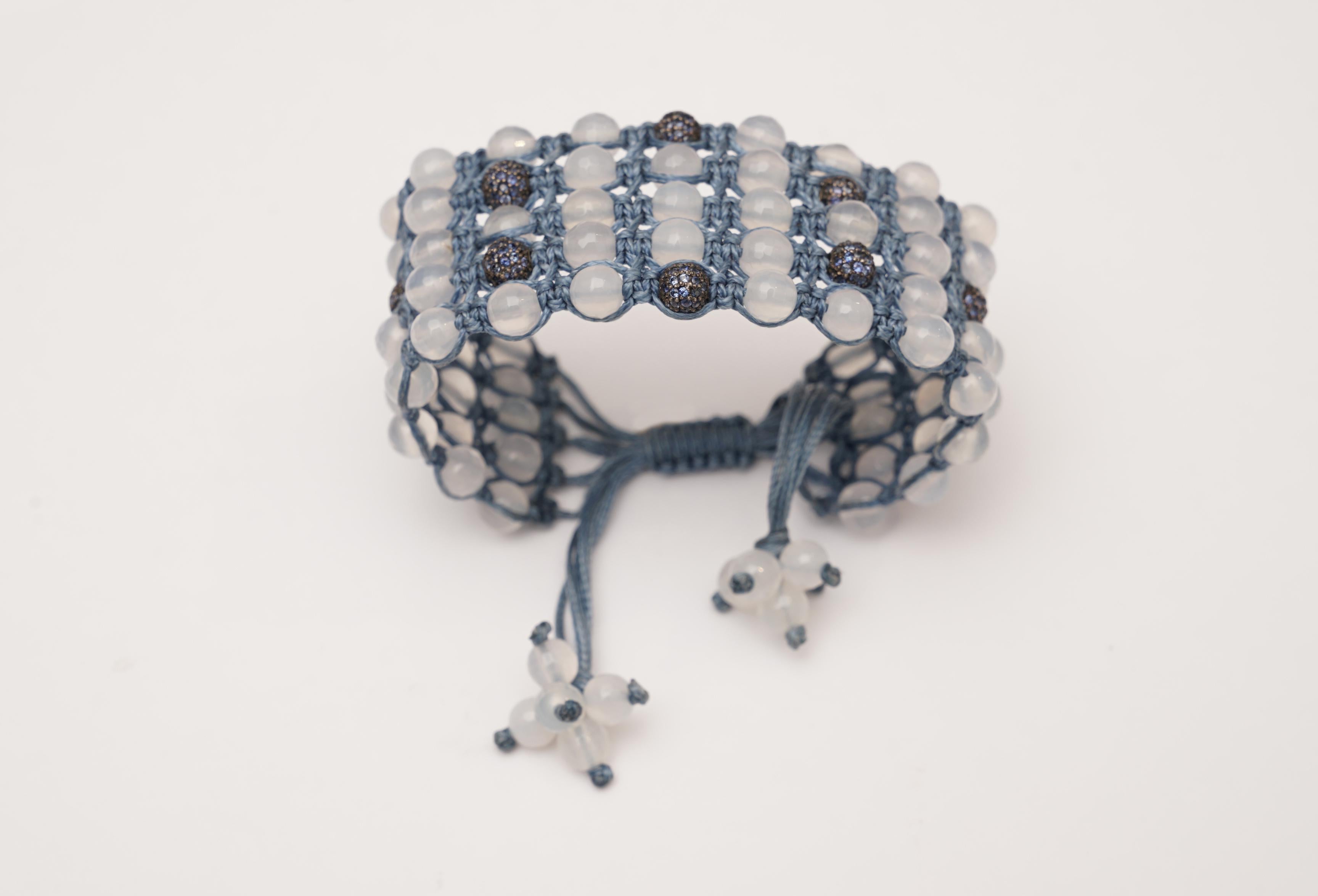 Woven Blue Sapphire and Chalcedony Beaded Bracelet In Excellent Condition In Nantucket, MA