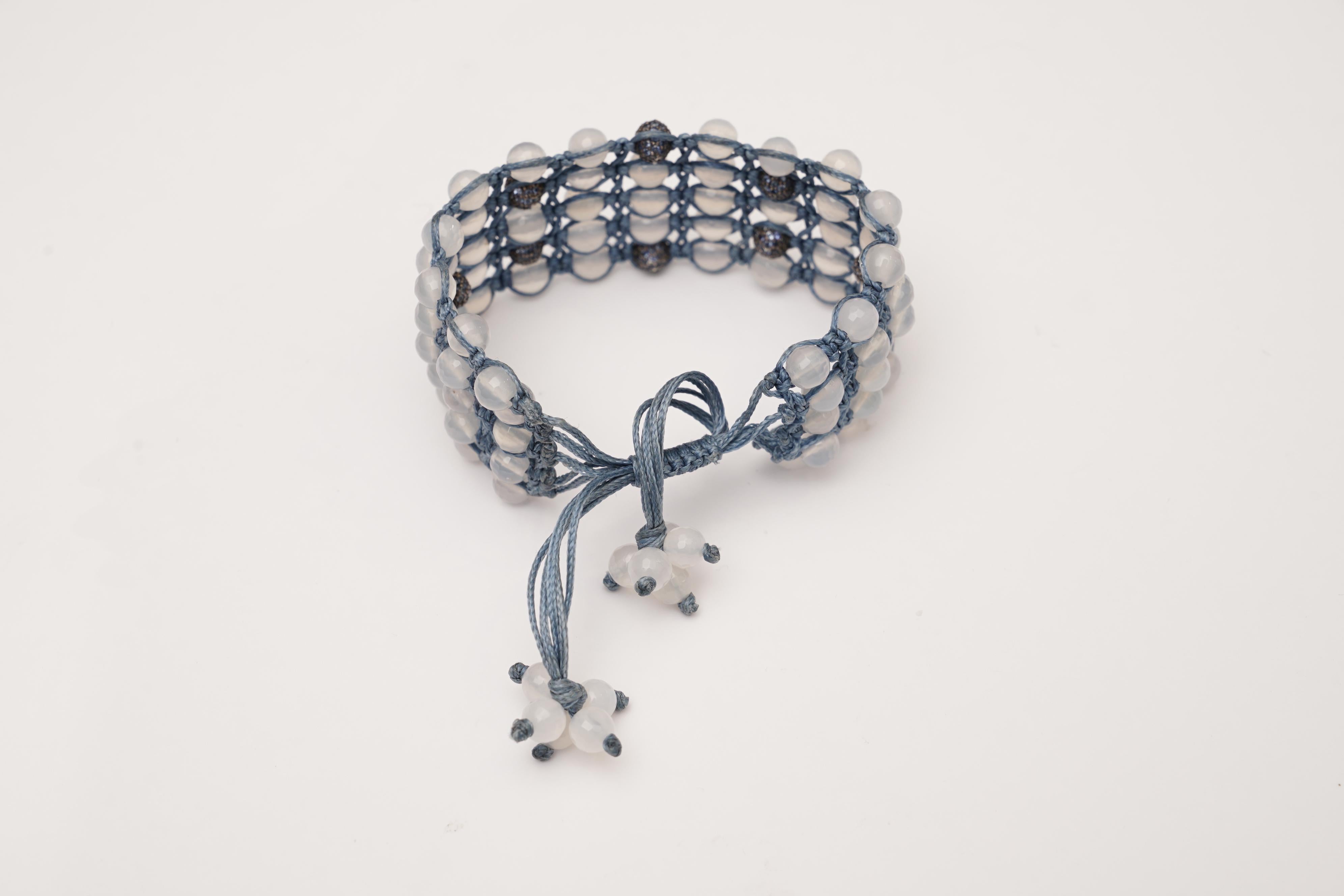 Women's or Men's Woven Blue Sapphire and Chalcedony Beaded Bracelet