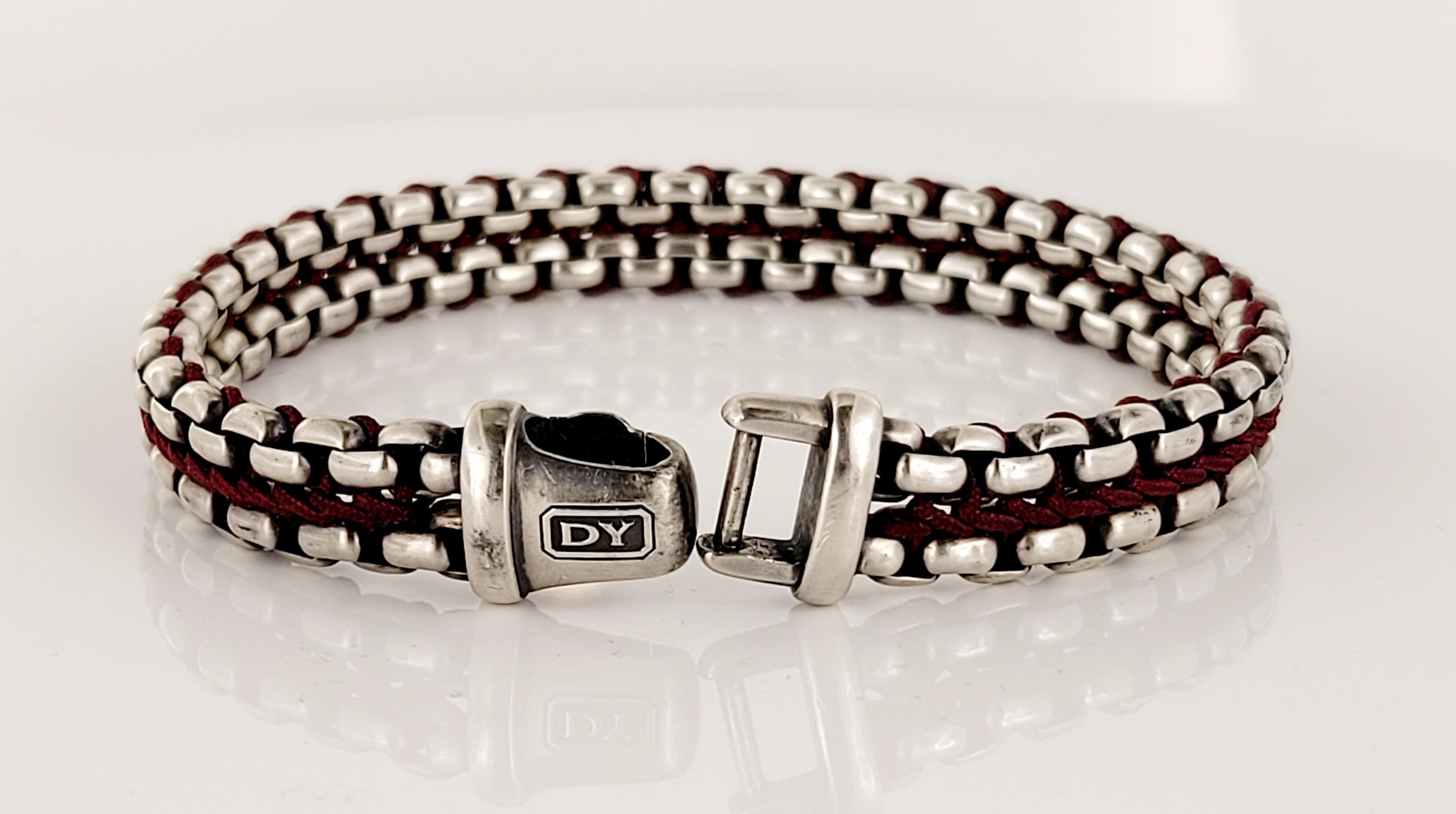 Woven Box Chain Bracelet Sterling Silver with Red Nylon, 10mm In New Condition For Sale In New York, NY