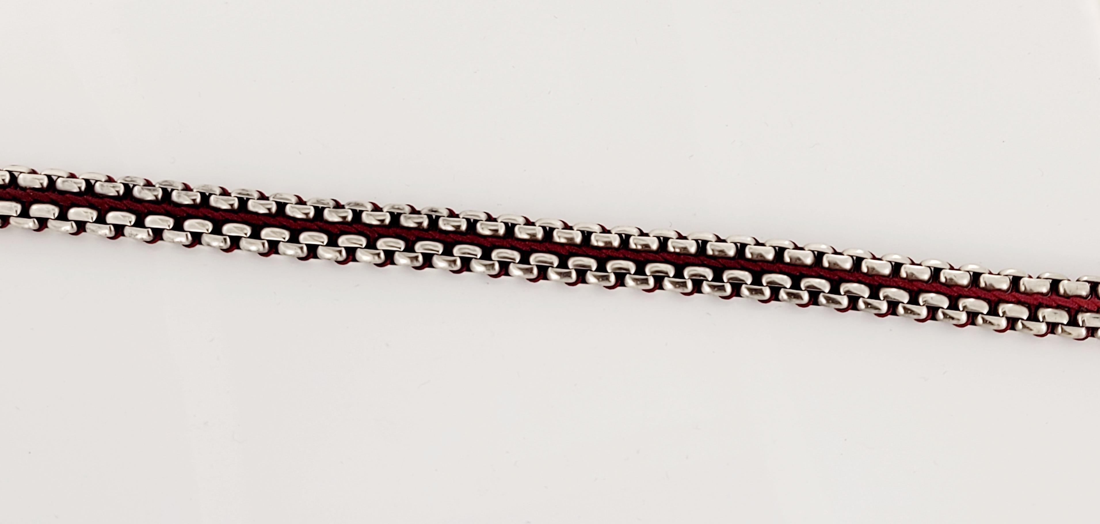Men's Woven Box Chain Bracelet Sterling Silver with Red Nylon, 10mm For Sale