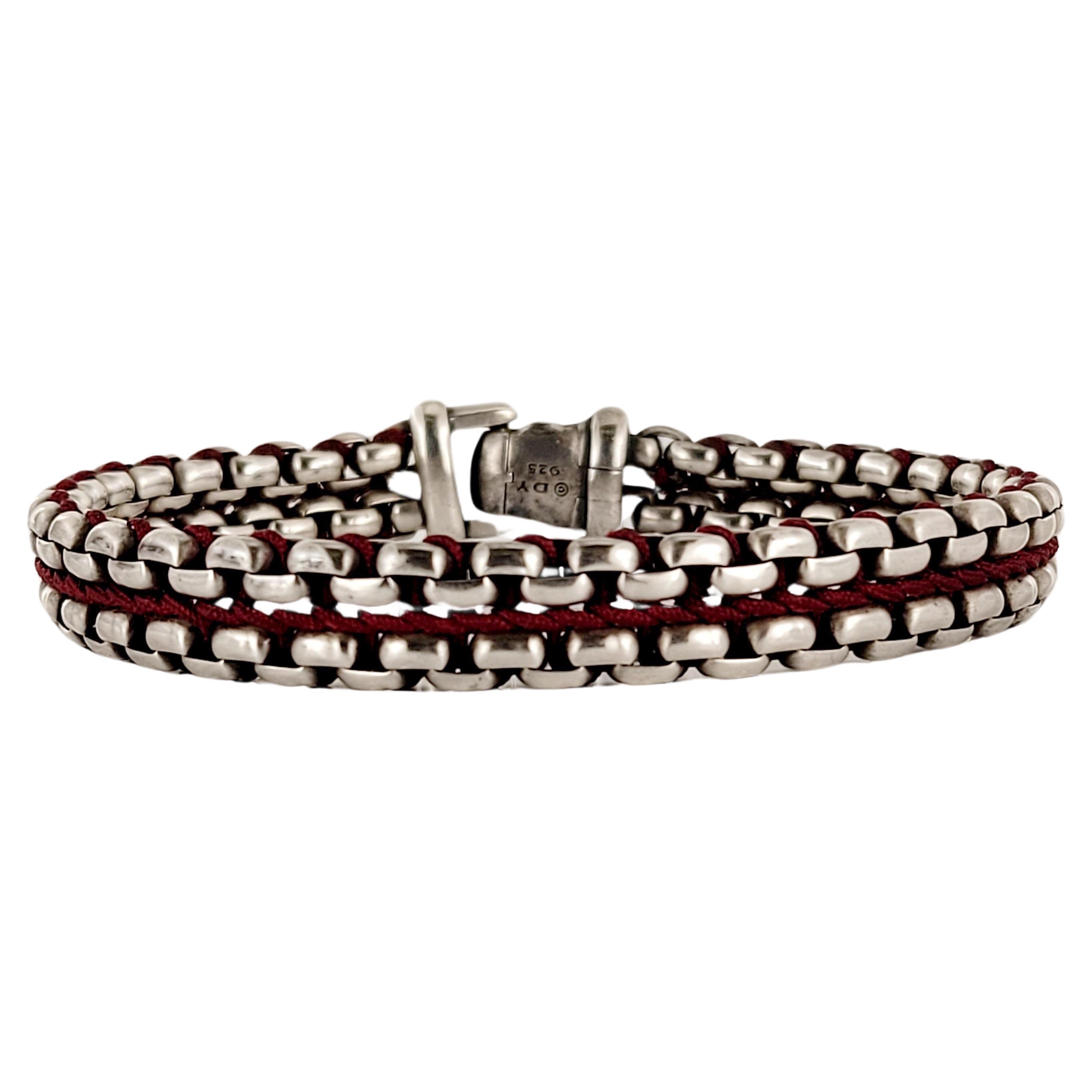Woven Box Chain Bracelet Sterling Silver with Red Nylon, 10mm For Sale
