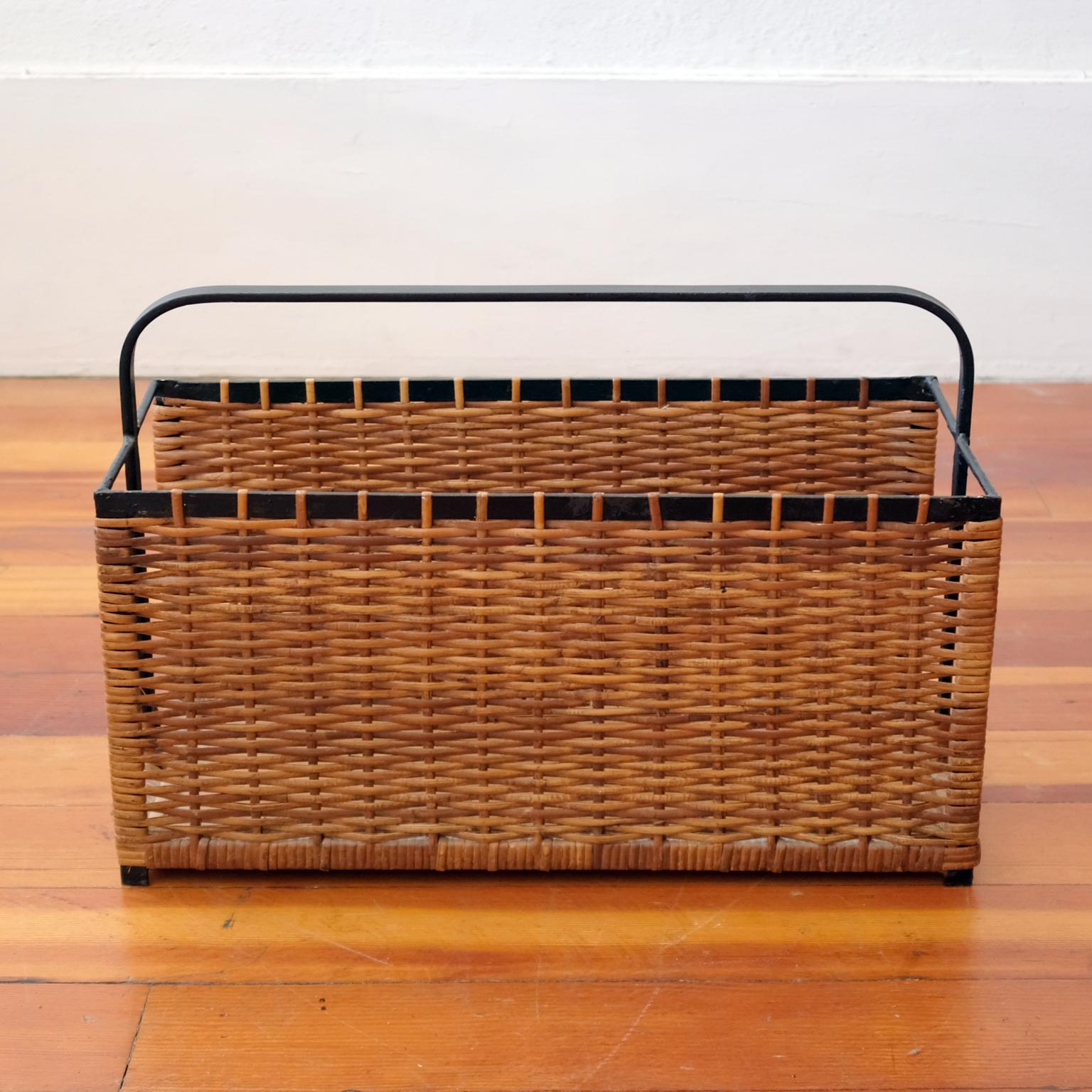 Woven Cane and Iron Magazine Holder, 1950s In Good Condition In San Diego, CA