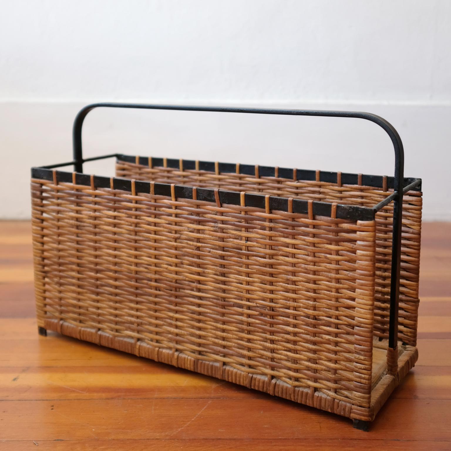 Mid-20th Century Woven Cane and Iron Magazine Holder, 1950s
