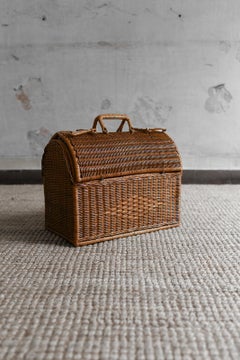 Woven Cane Basket With Double Top Opening And Handles