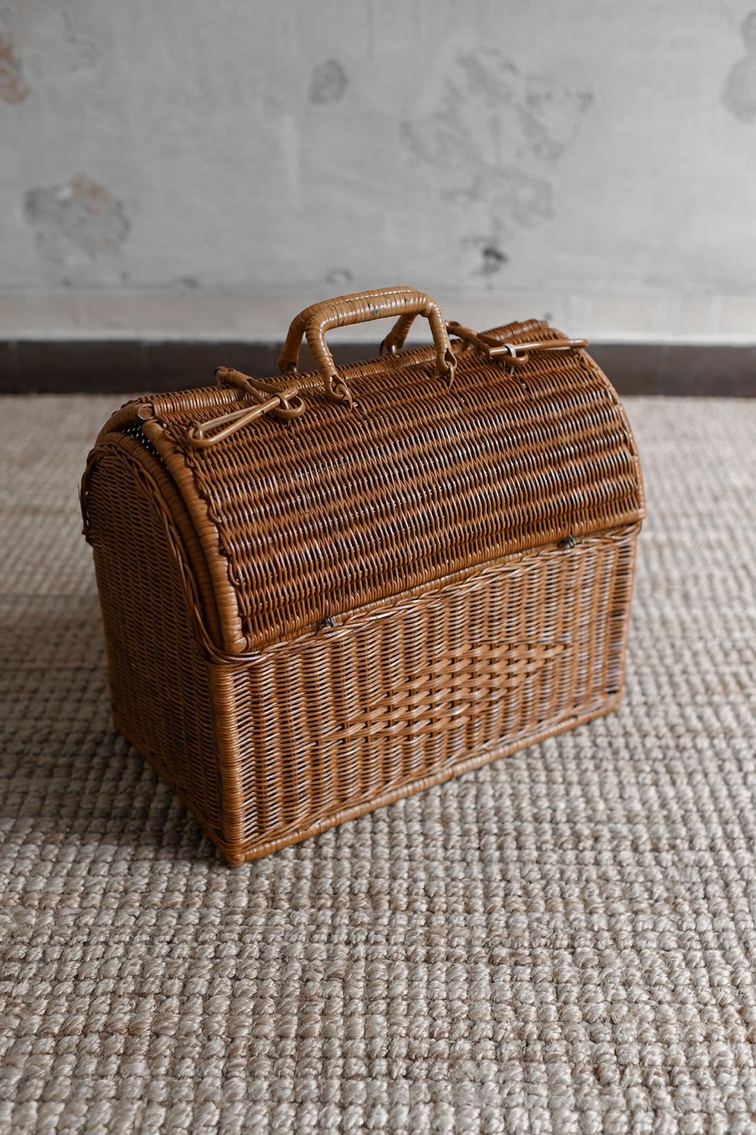 Hand-Woven Woven Cane Basket With Double Top Opening And Handles For Sale