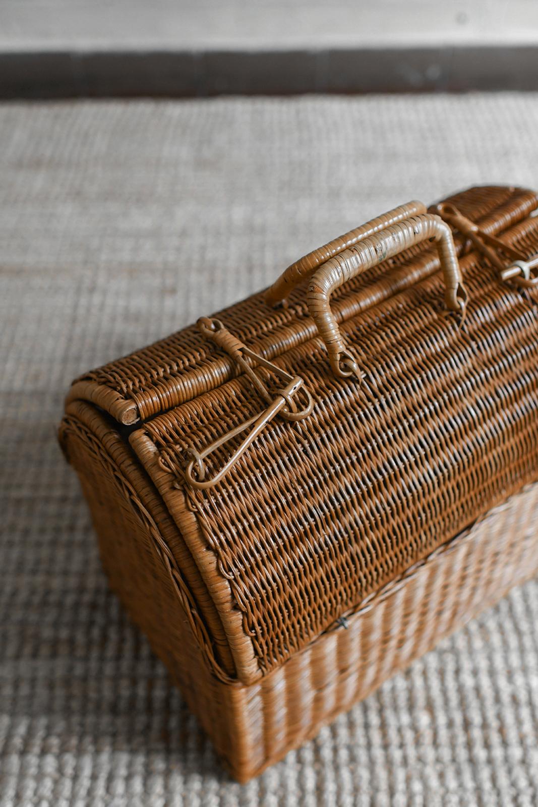 Woven Cane Basket With Double Top Opening And Handles In Good Condition For Sale In Roma, RM