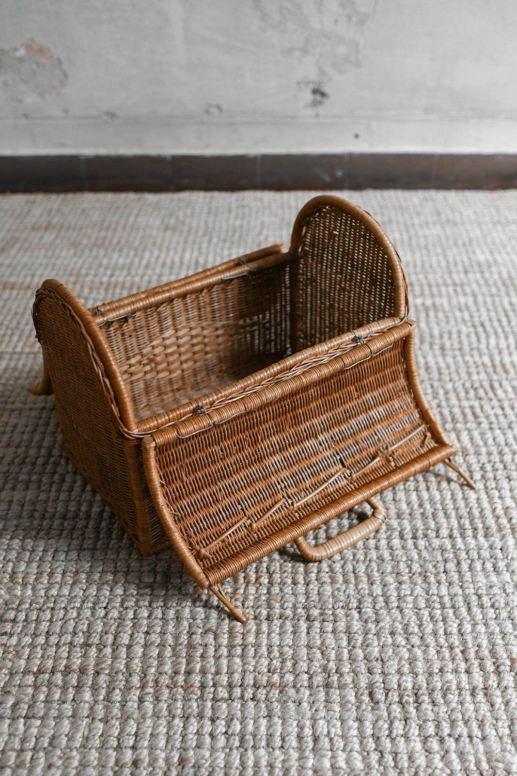 20th Century Woven Cane Basket With Double Top Opening And Handles For Sale