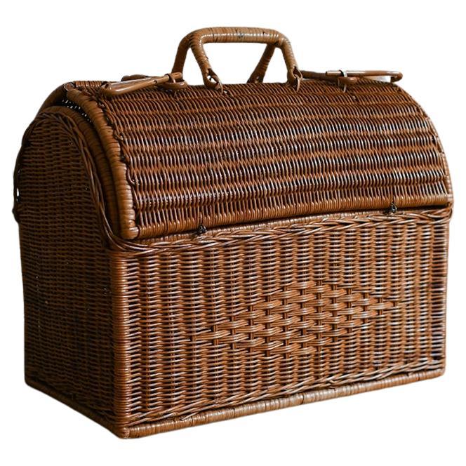 Woven Cane Basket With Double Top Opening And Handles For Sale
