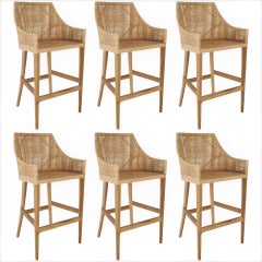 Set aus sechs Barhockern aus geflochtenem Rohr-Rattan und Teakholz