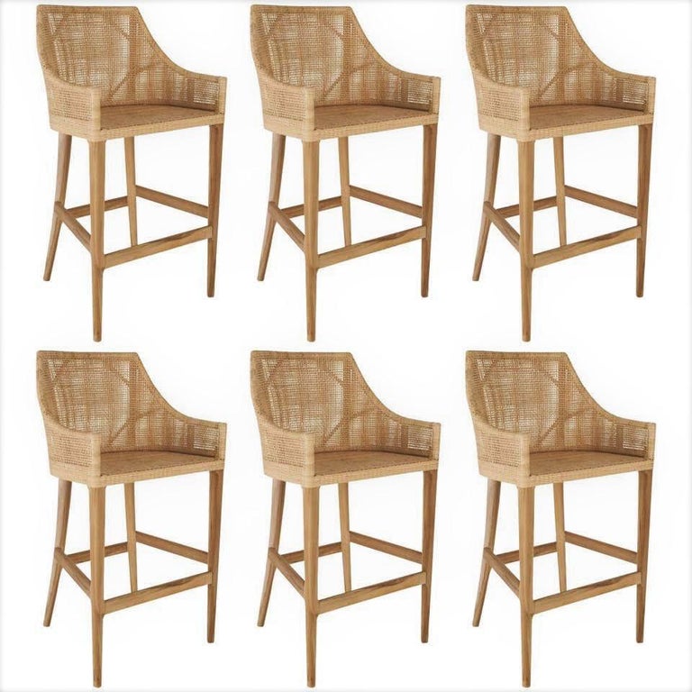 Woven Cane Rattan And Teak Wooden Set, Wicker Wood Bar Stools