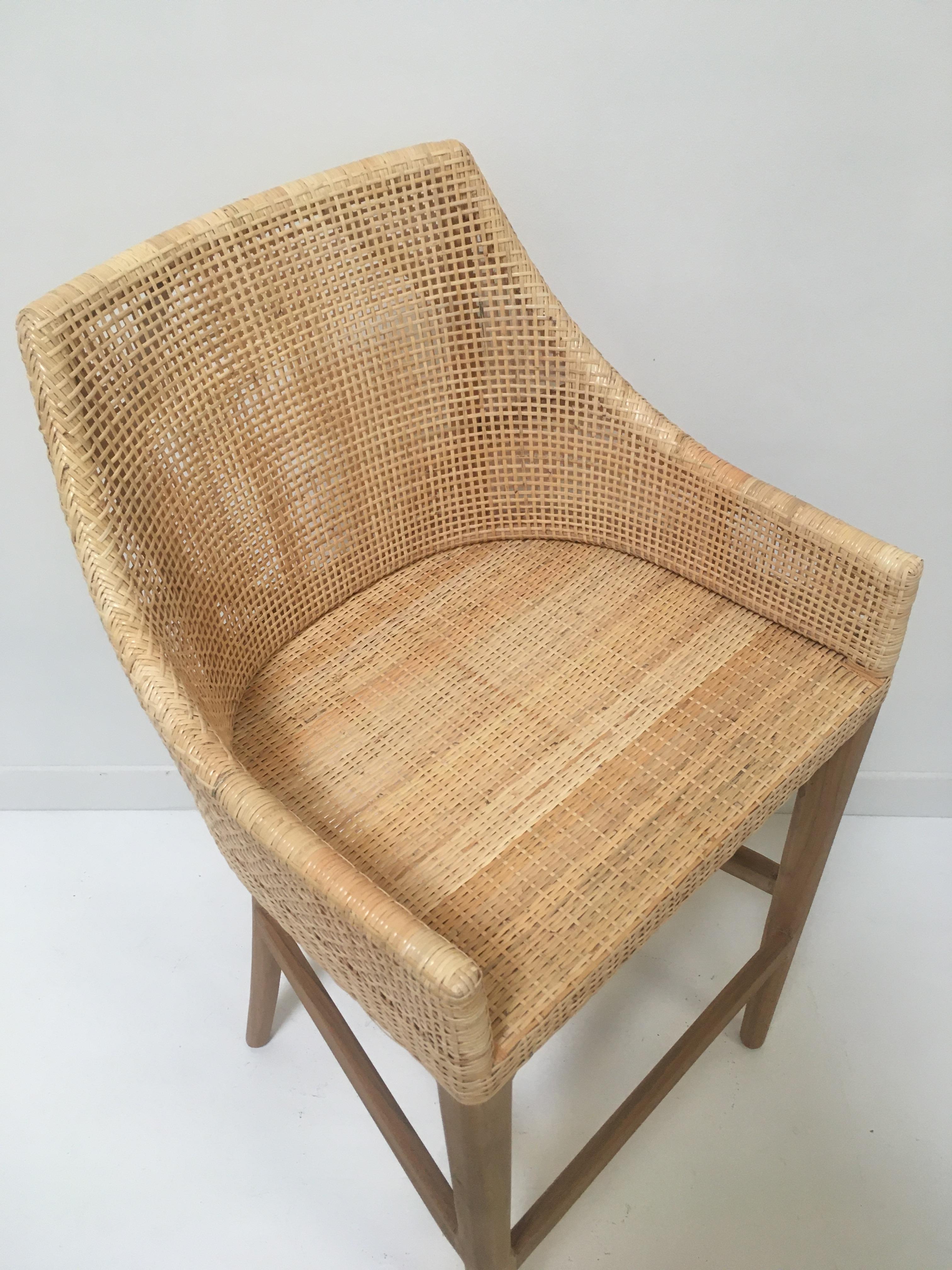 Woven Cane Rattan and Teak Wooden Set of Six Bar Stools For Sale at 1stDibs