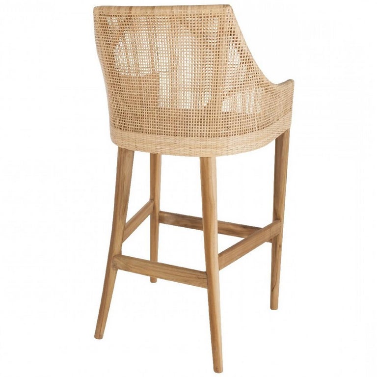 Woven Cane Rattan and Teak Wooden Set of Six Bar Stools For Sale at 1stDibs