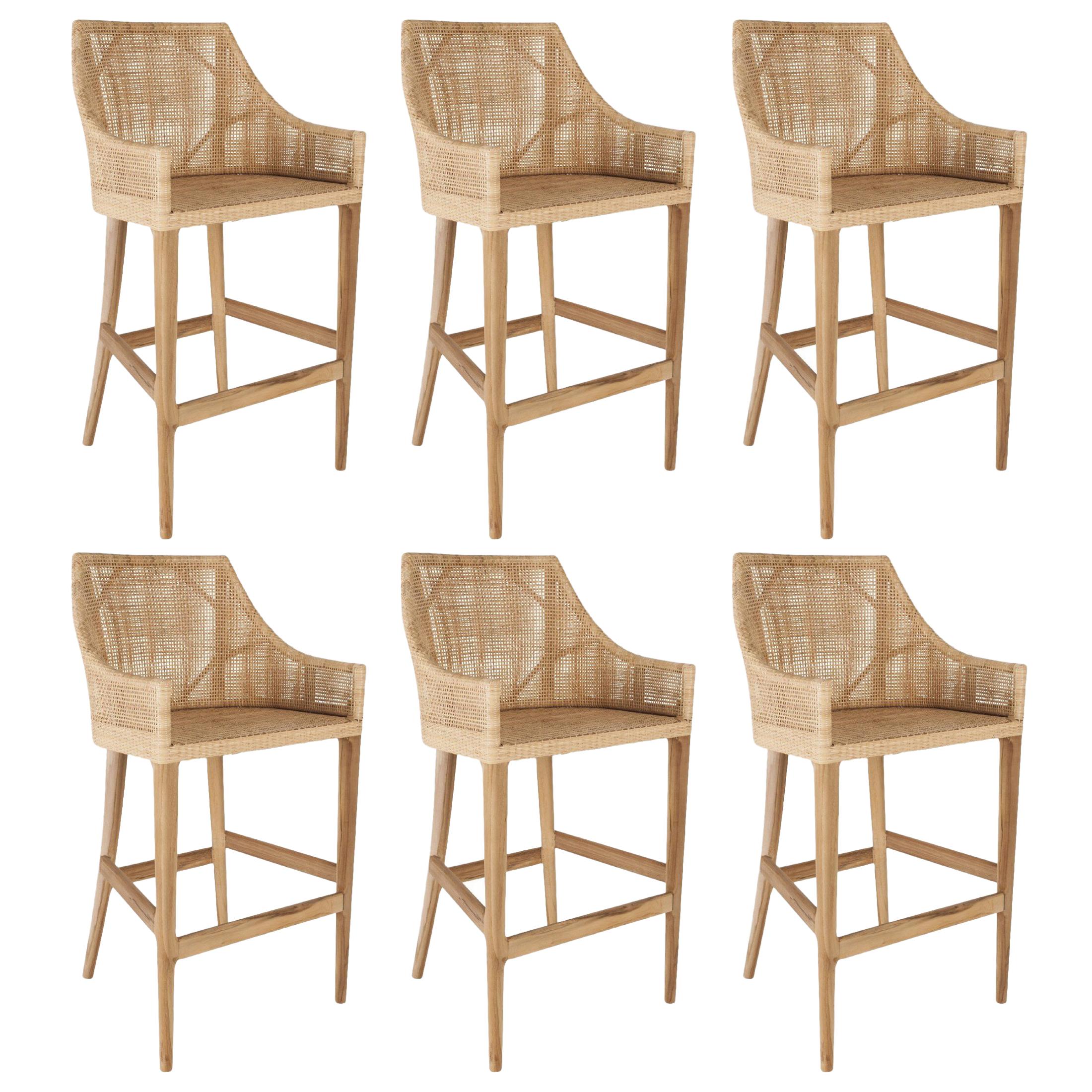 Woven Cane Rattan and Teak Wooden Set of Six Bar Stools