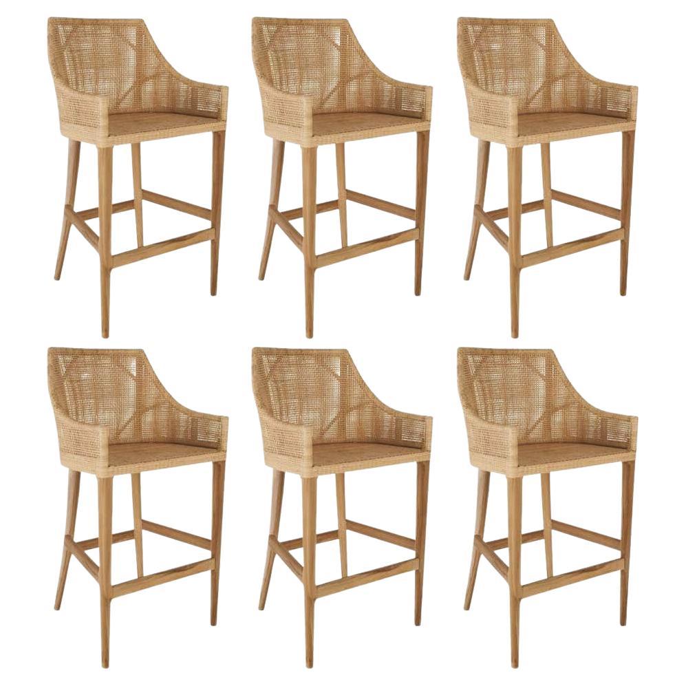 Woven Cane Rattan and Teak Wooden Set of Six Bar Stools For Sale