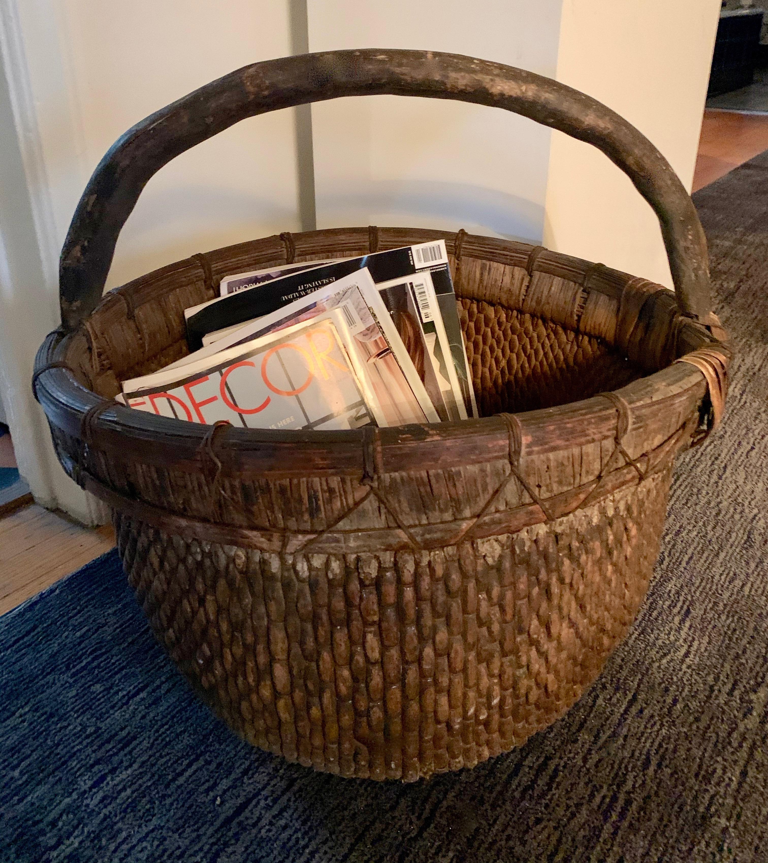 Primitive Woven Chinese Willow Basket with Handle