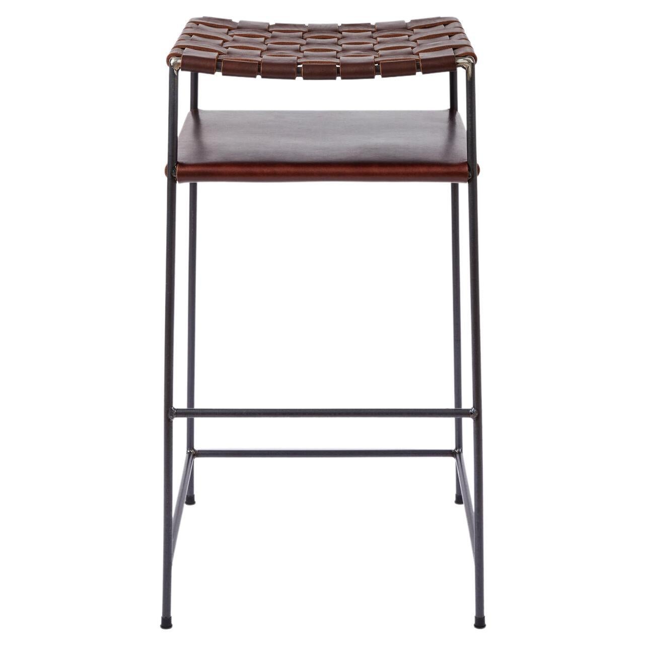 Woven Chocolate Leather Bar Stool