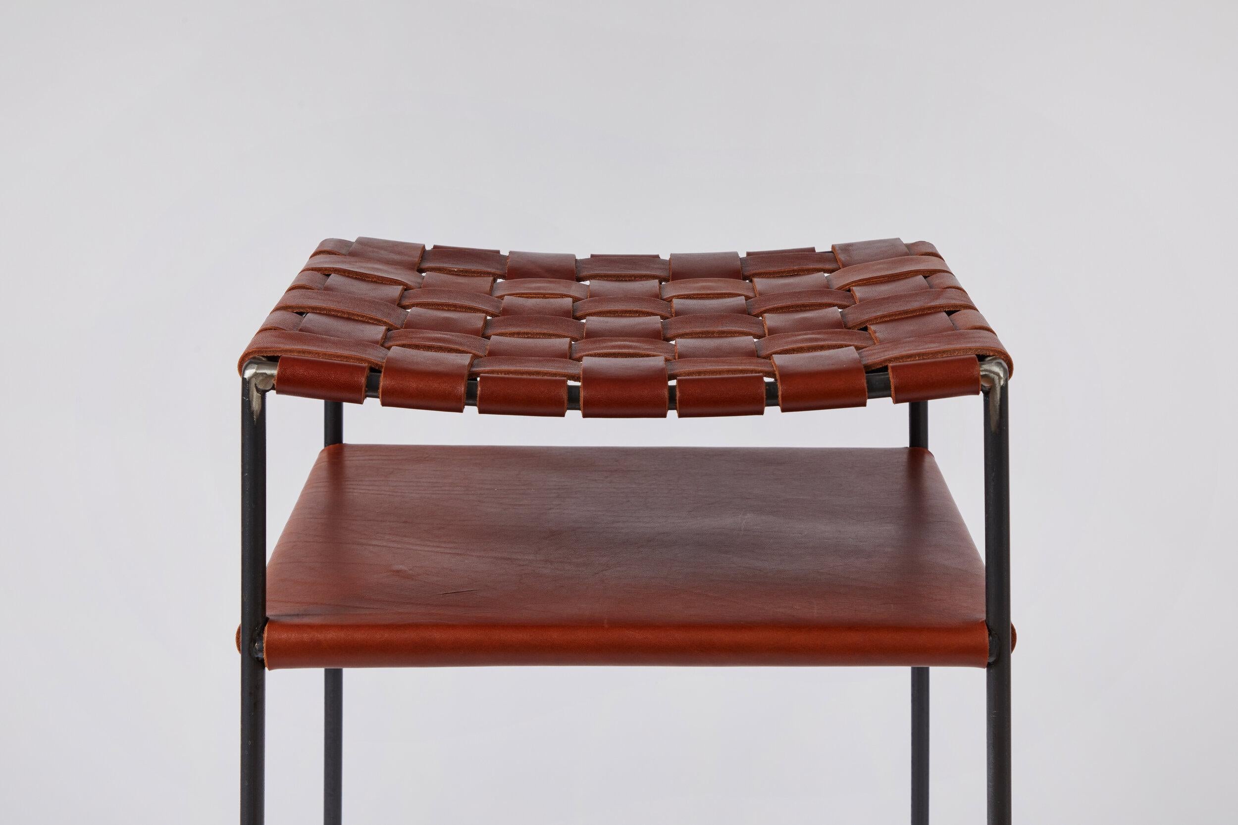 American Woven Cognac Leather Bar Stool For Sale