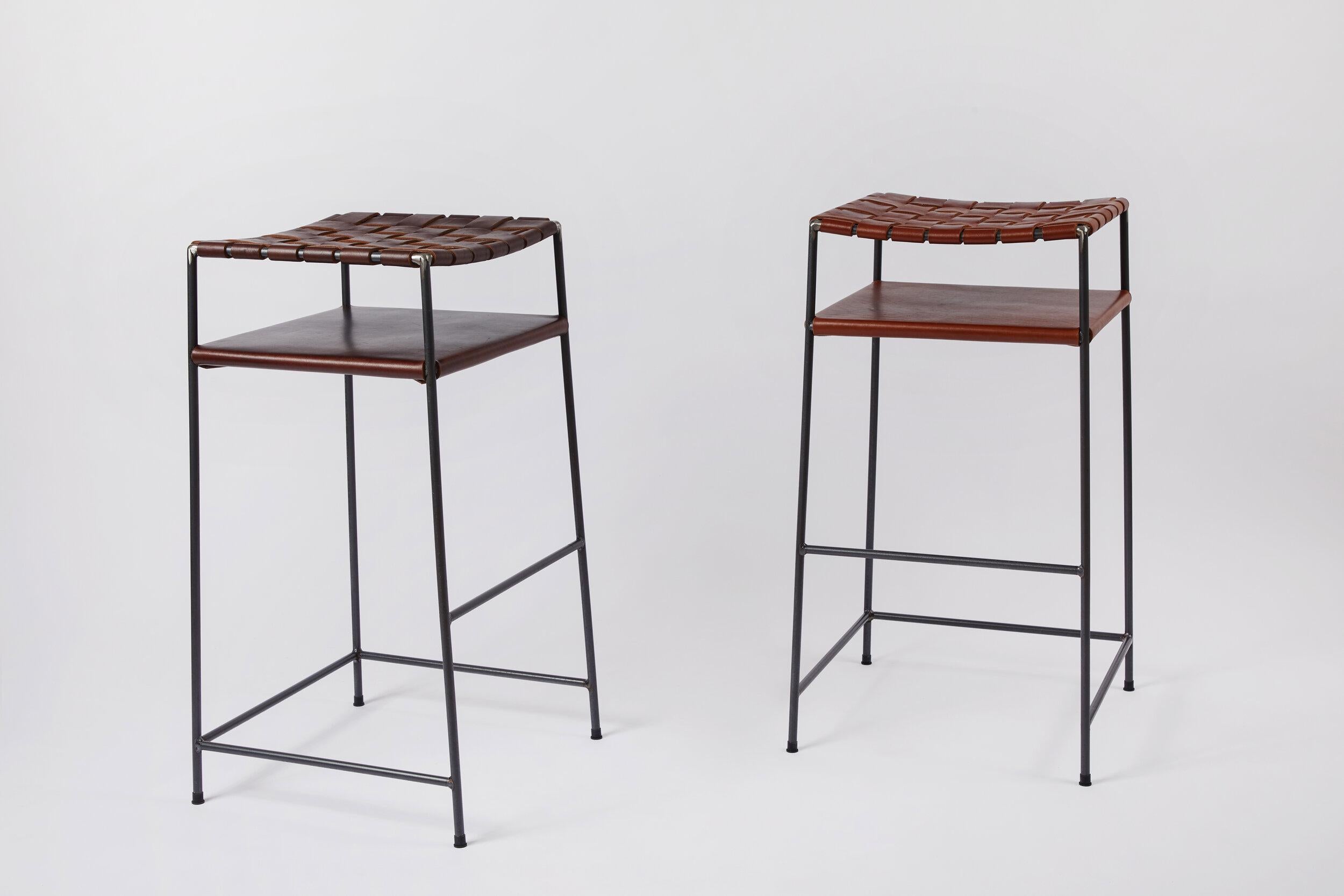 Woven Cognac Leather Bar Stool In New Condition For Sale In Venice, CA