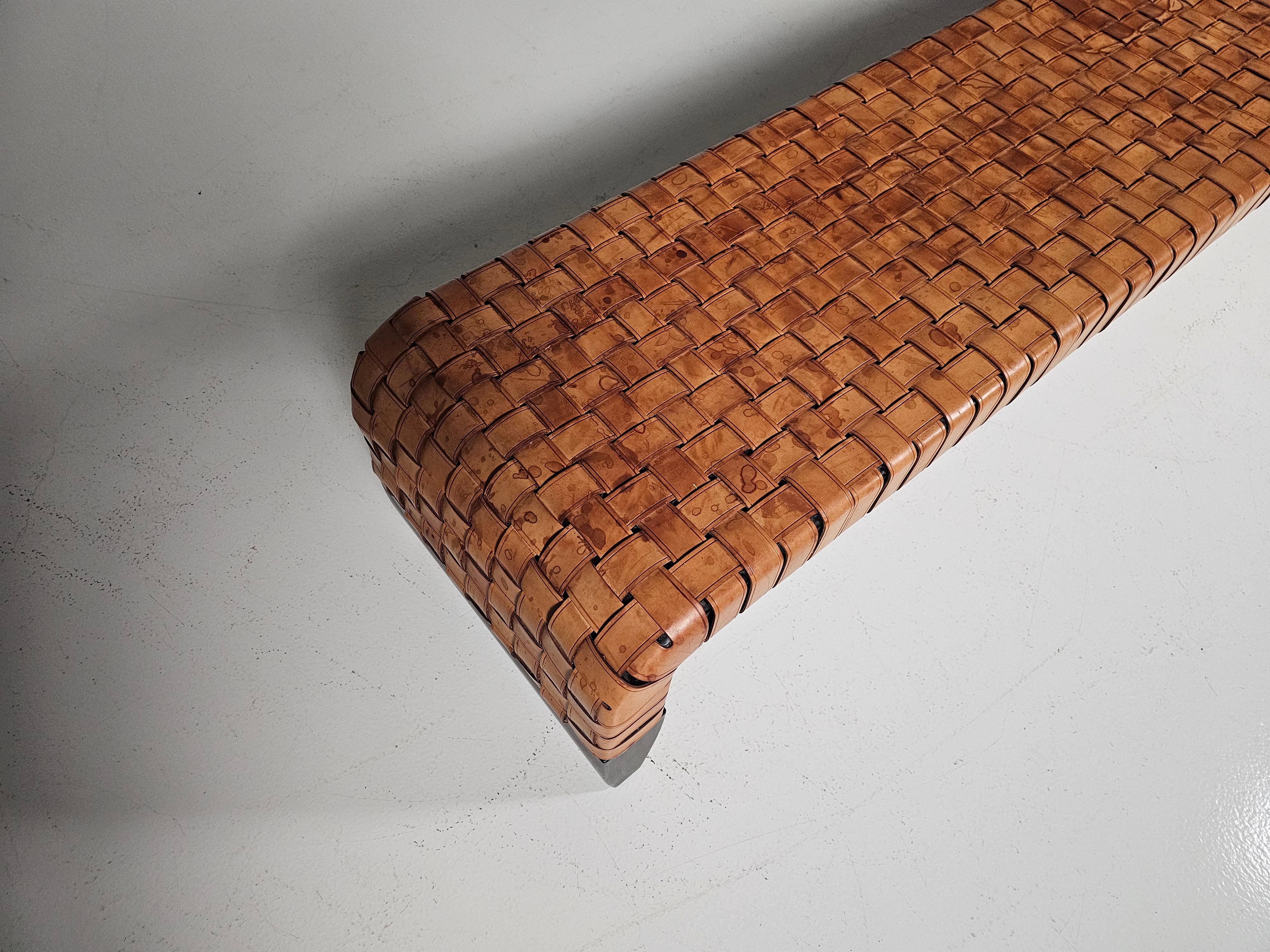 Woven cognac leather Brera bench by Guglielmo Ulrich for Matteo Grassi, 1990s 3