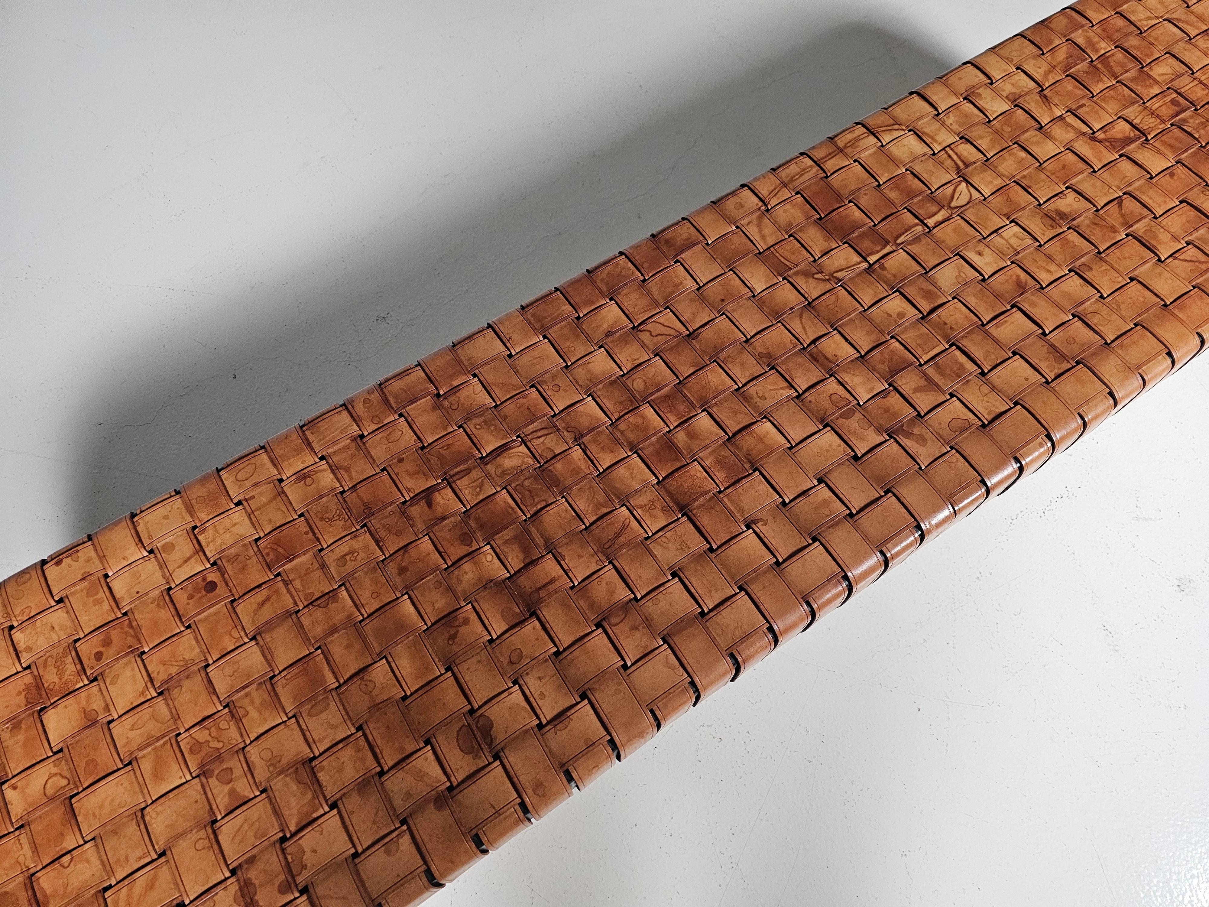 Woven cognac leather Brera bench by Guglielmo Ulrich for Matteo Grassi, 1990s 5