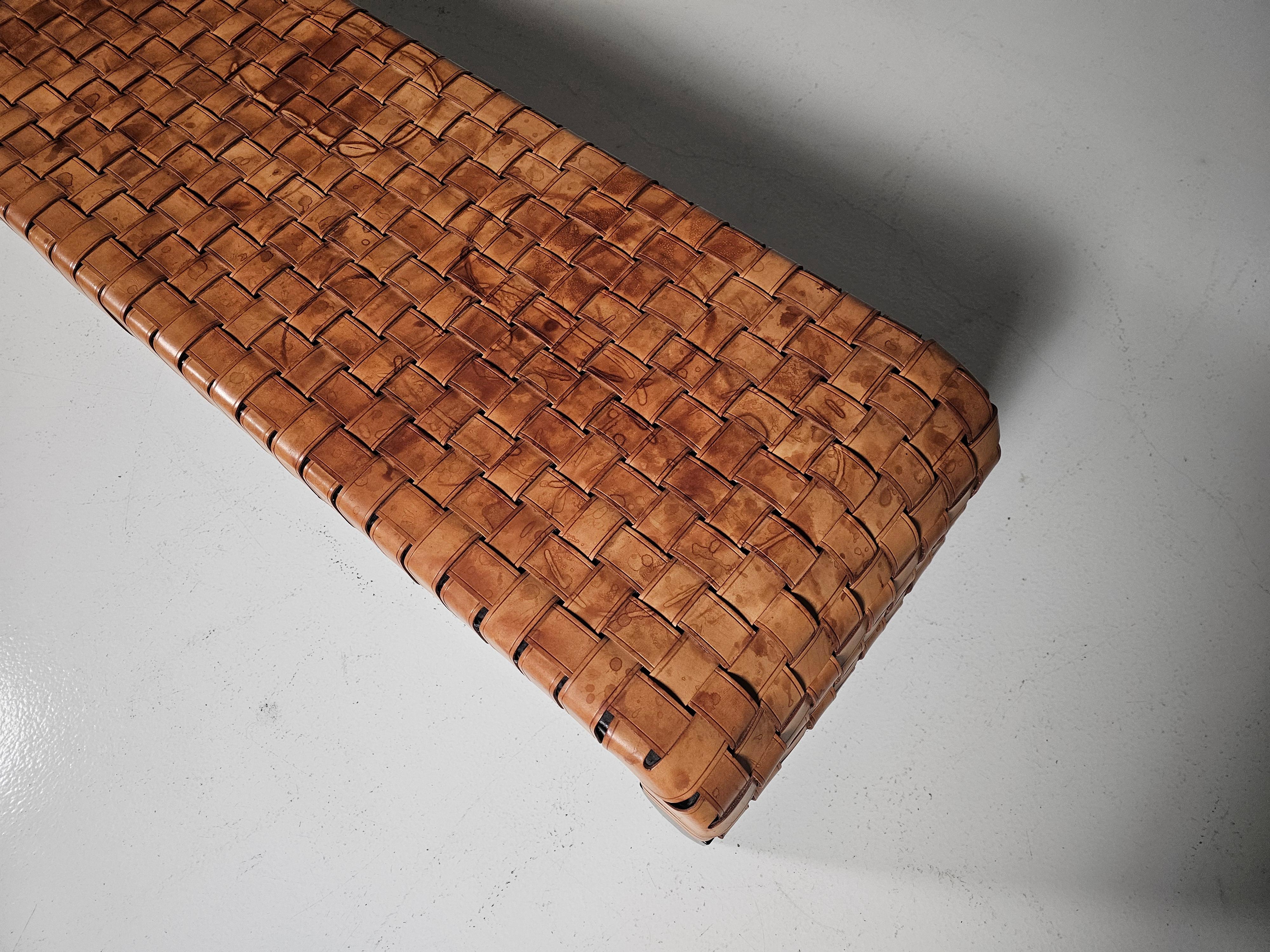 Woven cognac leather Brera bench by Guglielmo Ulrich for Matteo Grassi, 1990s 6