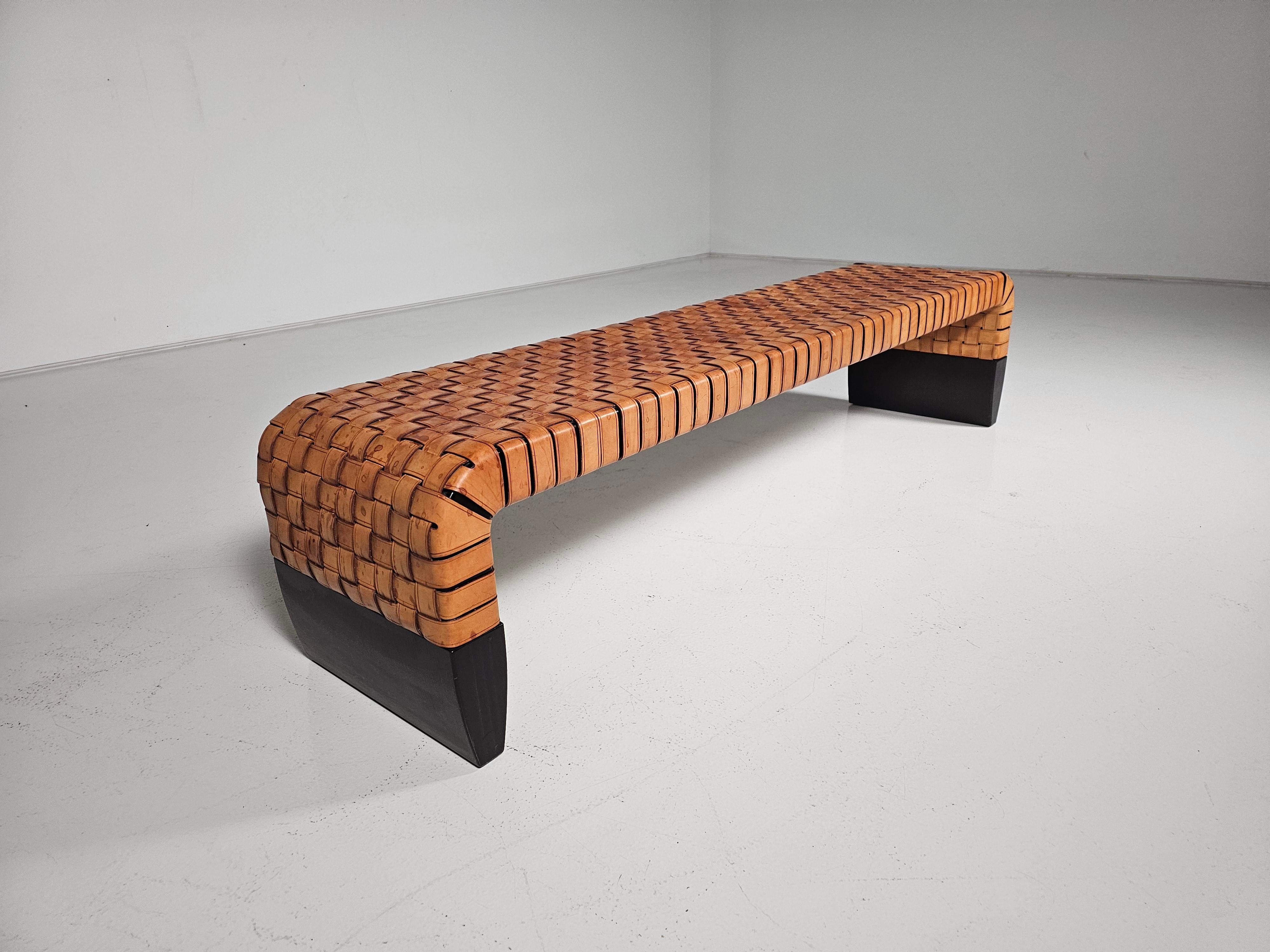 Mid-Century Modern Woven cognac leather Brera bench by Guglielmo Ulrich for Matteo Grassi, 1990s