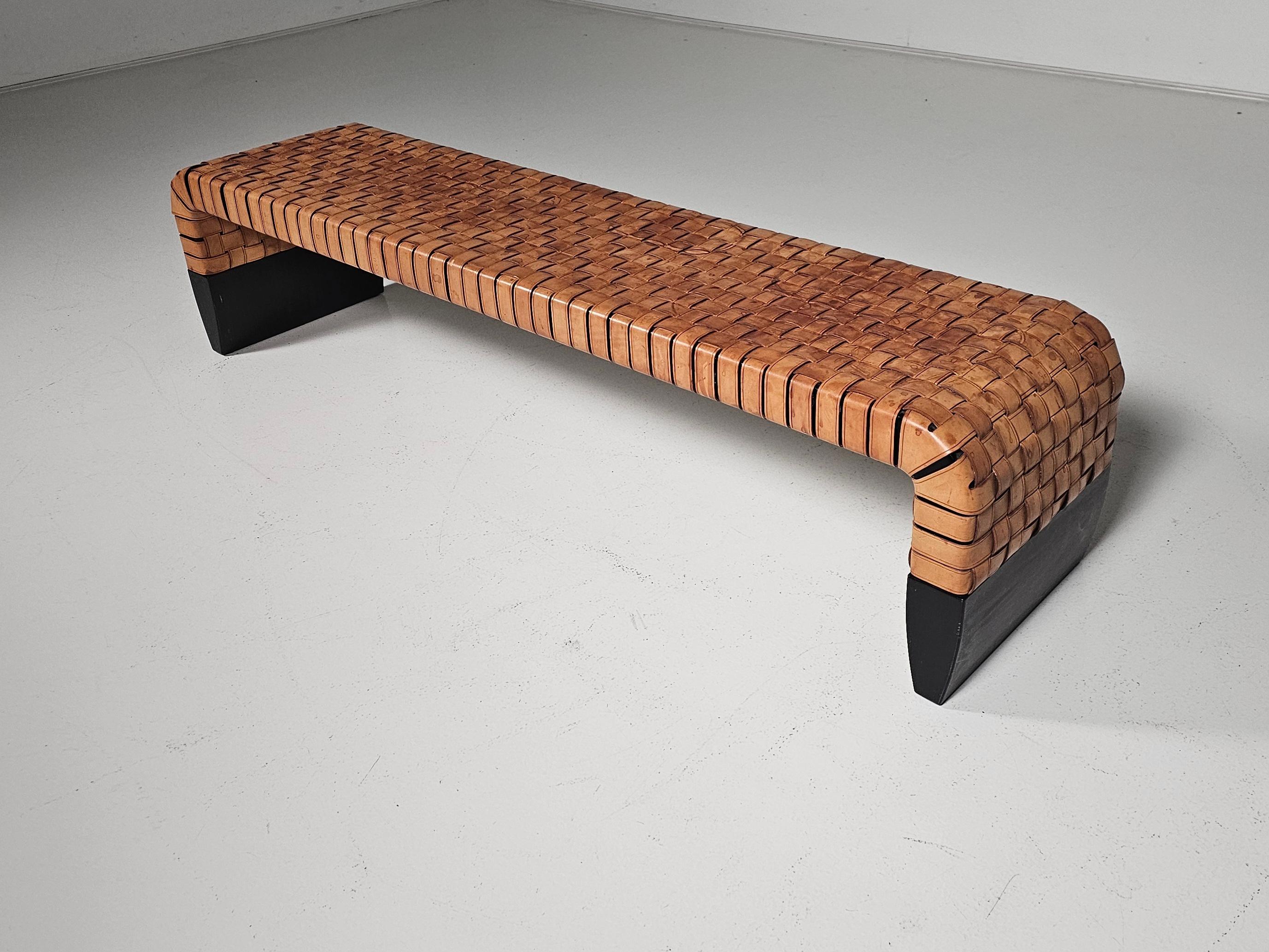 European Woven cognac leather Brera bench by Guglielmo Ulrich for Matteo Grassi, 1990s