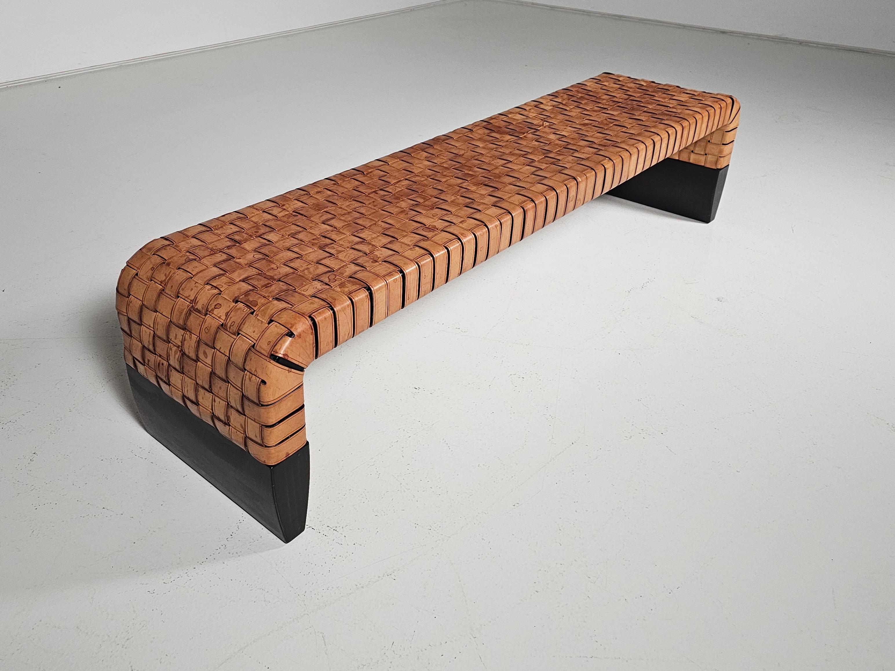 Woven cognac leather Brera bench by Guglielmo Ulrich for Matteo Grassi, 1990s In Good Condition In amstelveen, NL