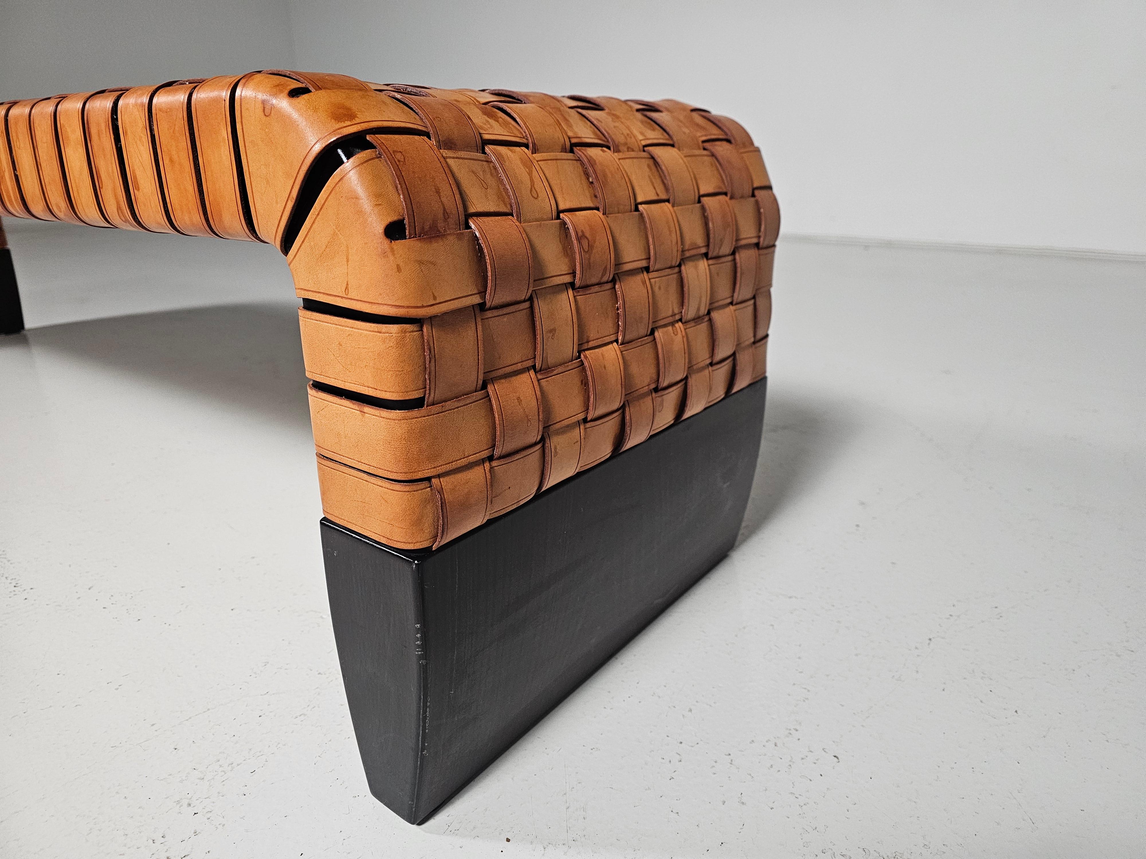 Late 20th Century Woven cognac leather Brera bench by Guglielmo Ulrich for Matteo Grassi, 1990s