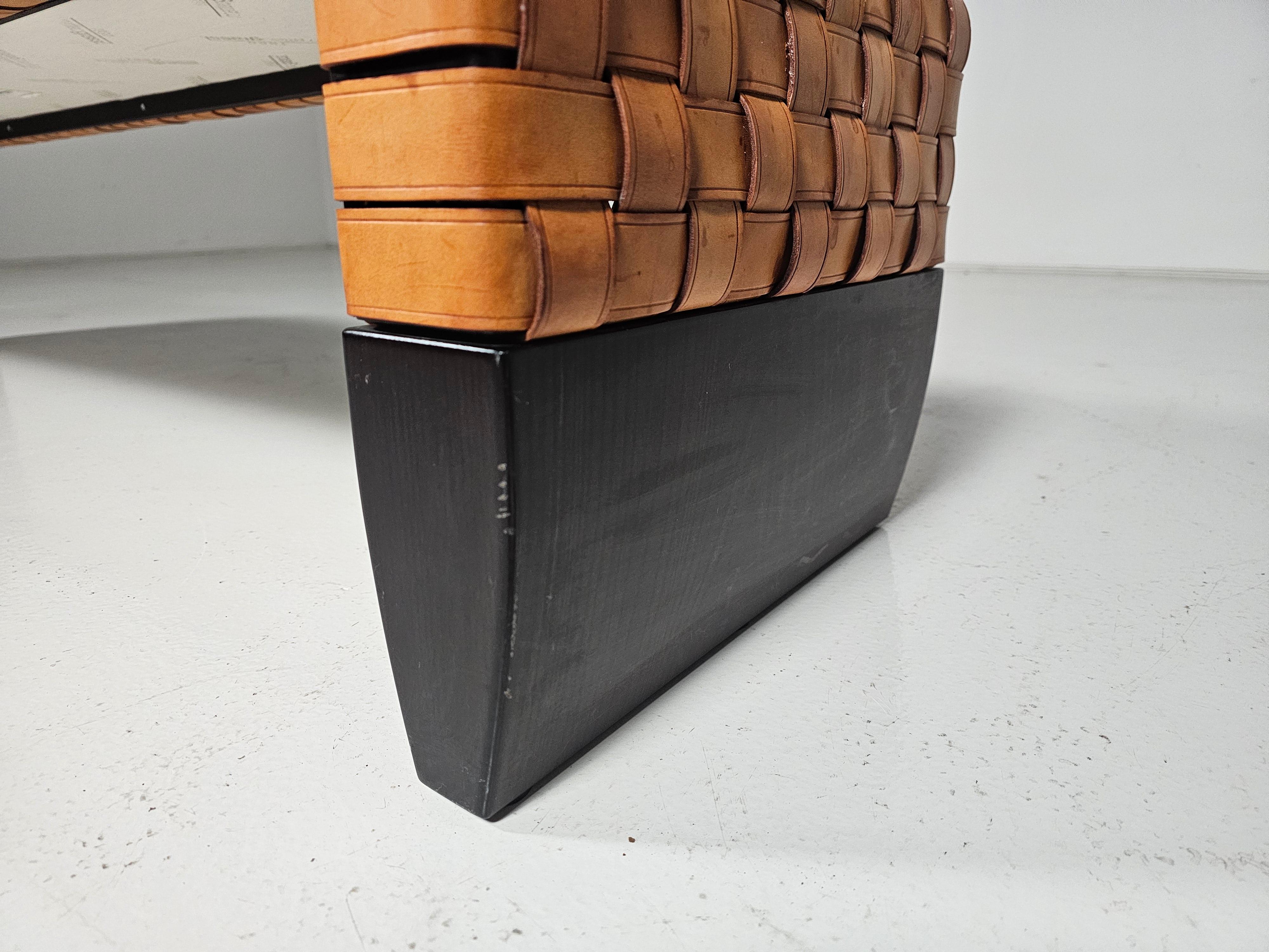 Leather Woven cognac leather Brera bench by Guglielmo Ulrich for Matteo Grassi, 1990s