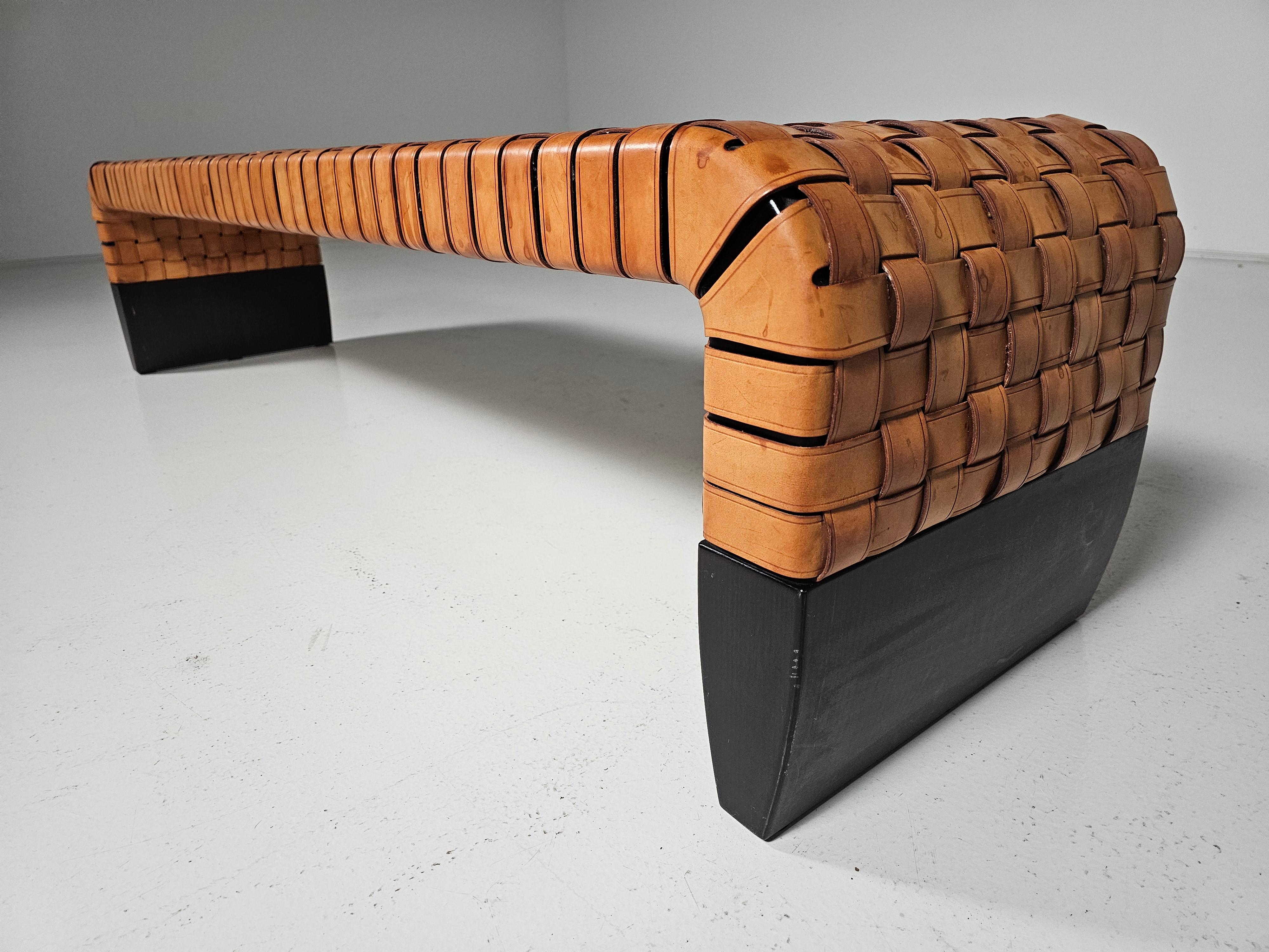 Woven cognac leather Brera bench by Guglielmo Ulrich for Matteo Grassi, 1990s 1