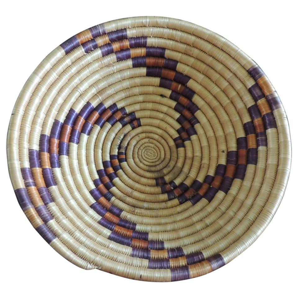 Woven Coil Round Orange and Purple Basket For Sale