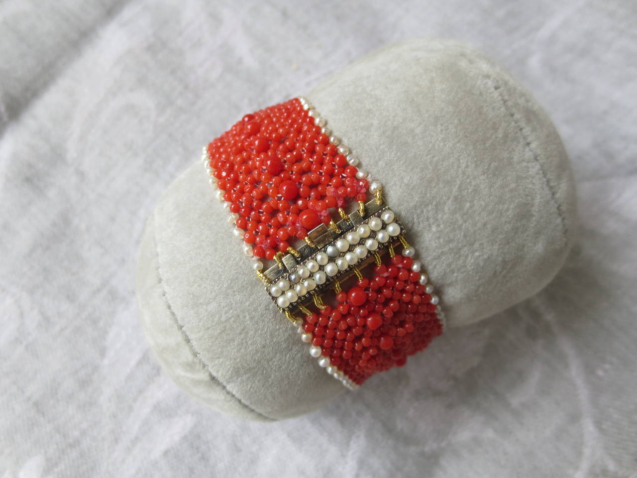 Artist Woven Coral and Pearl Bracelet with a Pearl and 14 Karat Gold and Pearl Clasp