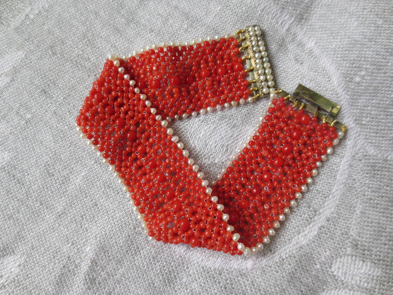 Woven Coral and Pearl Bracelet with a Pearl and 14 Karat Gold and Pearl Clasp 1