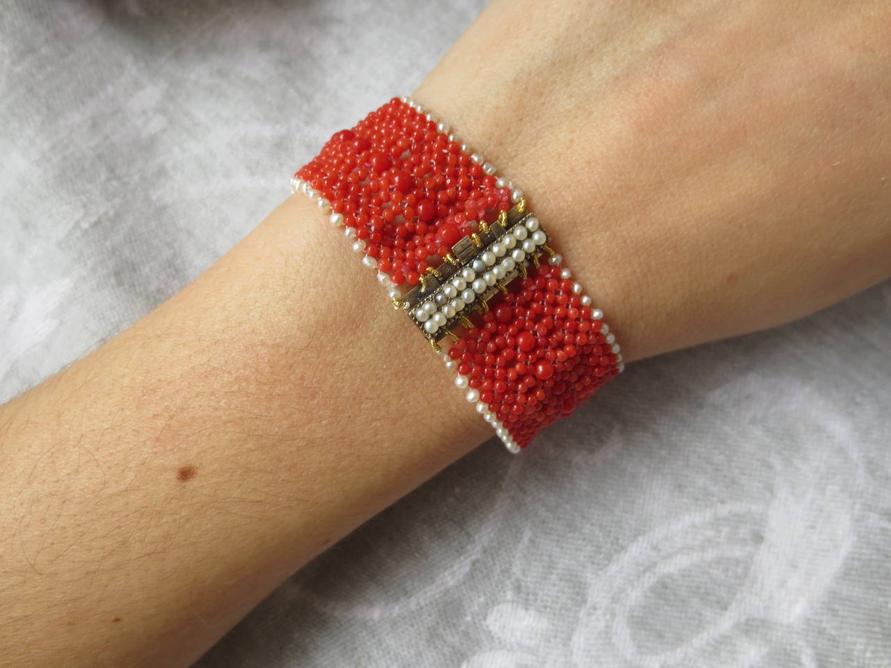 Woven Coral and Pearl Bracelet with a Pearl and 14 Karat Gold and Pearl Clasp 3