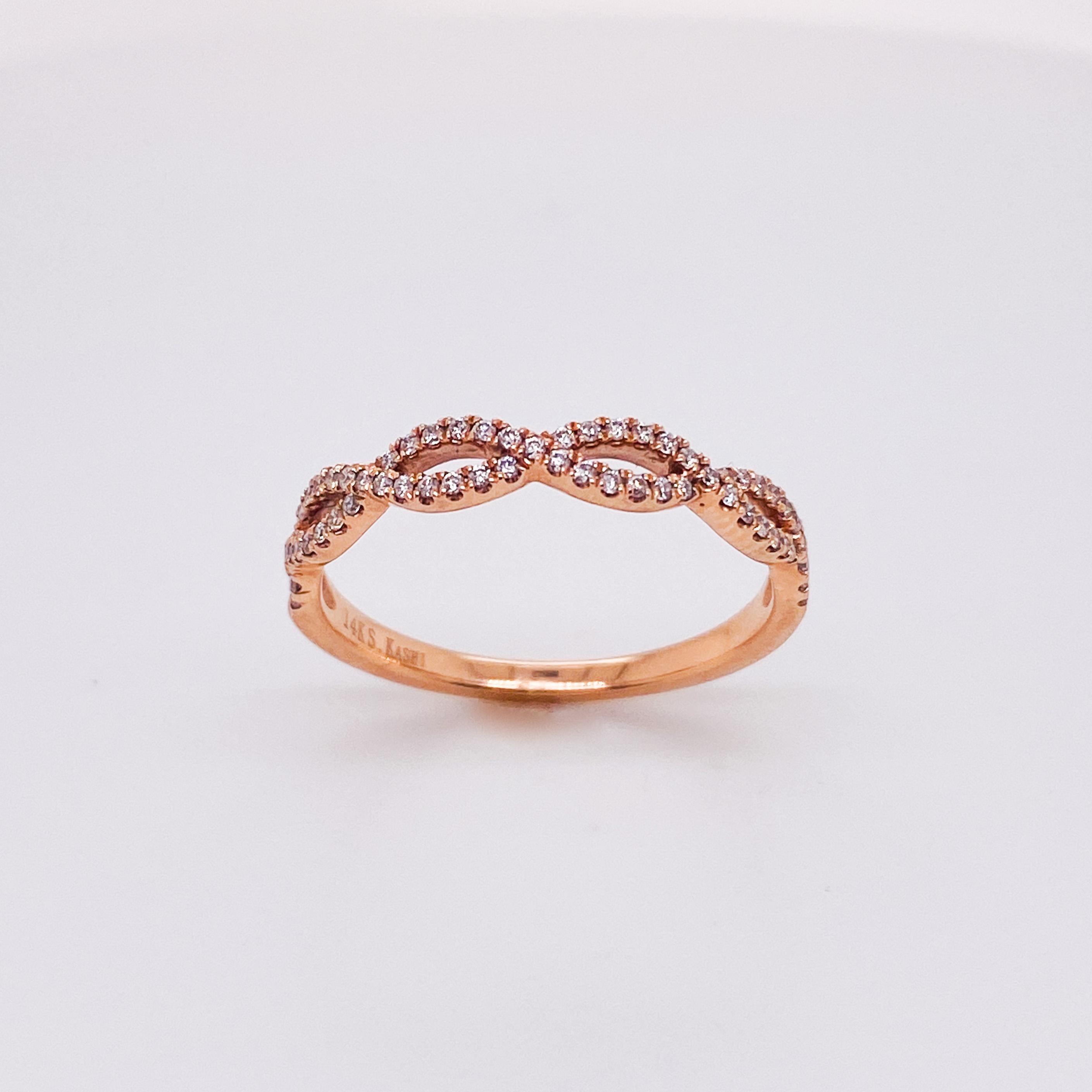 Contemporary Woven Criss-Cross Diamond Ring with 0.19cttw in 14k Rose Gold with Twist For Sale