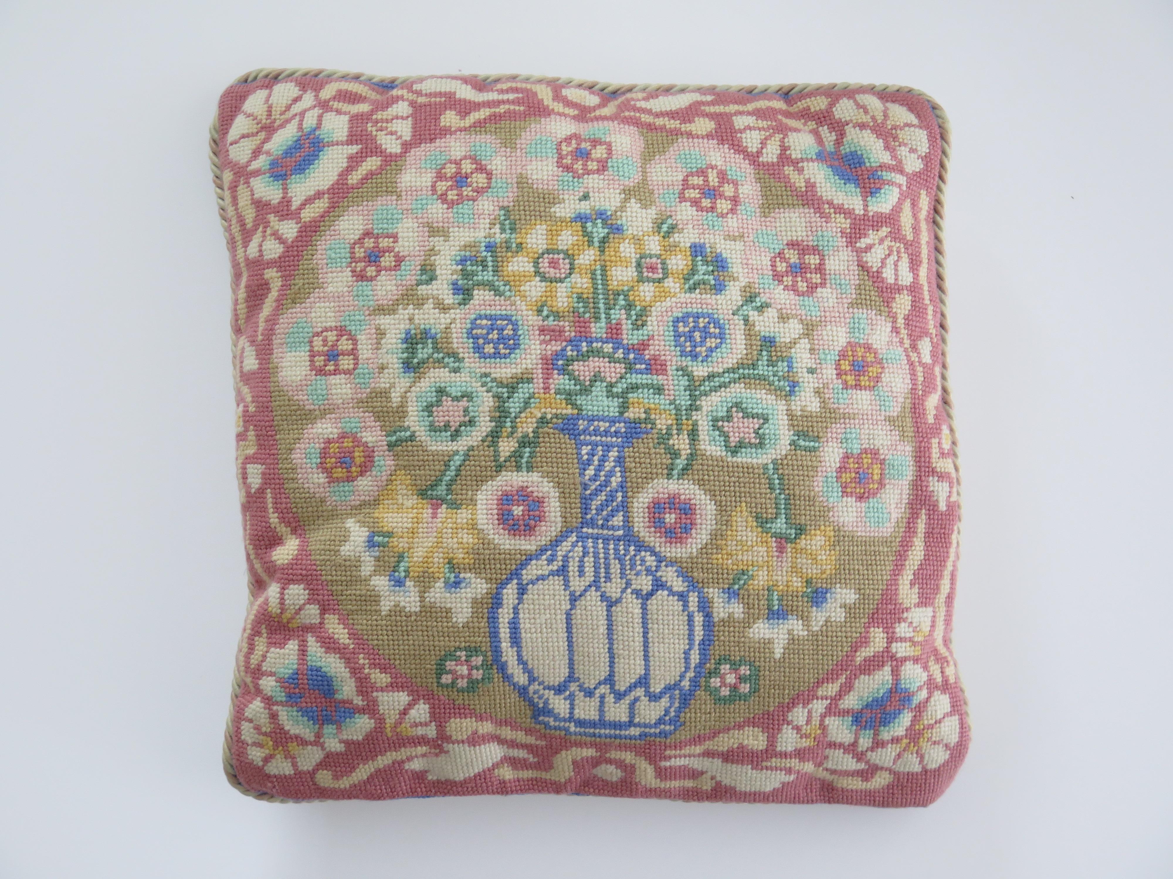 Country Woven Cushion or Pillow with Flower Vase pattern in pastel shades, Circa 1930s For Sale