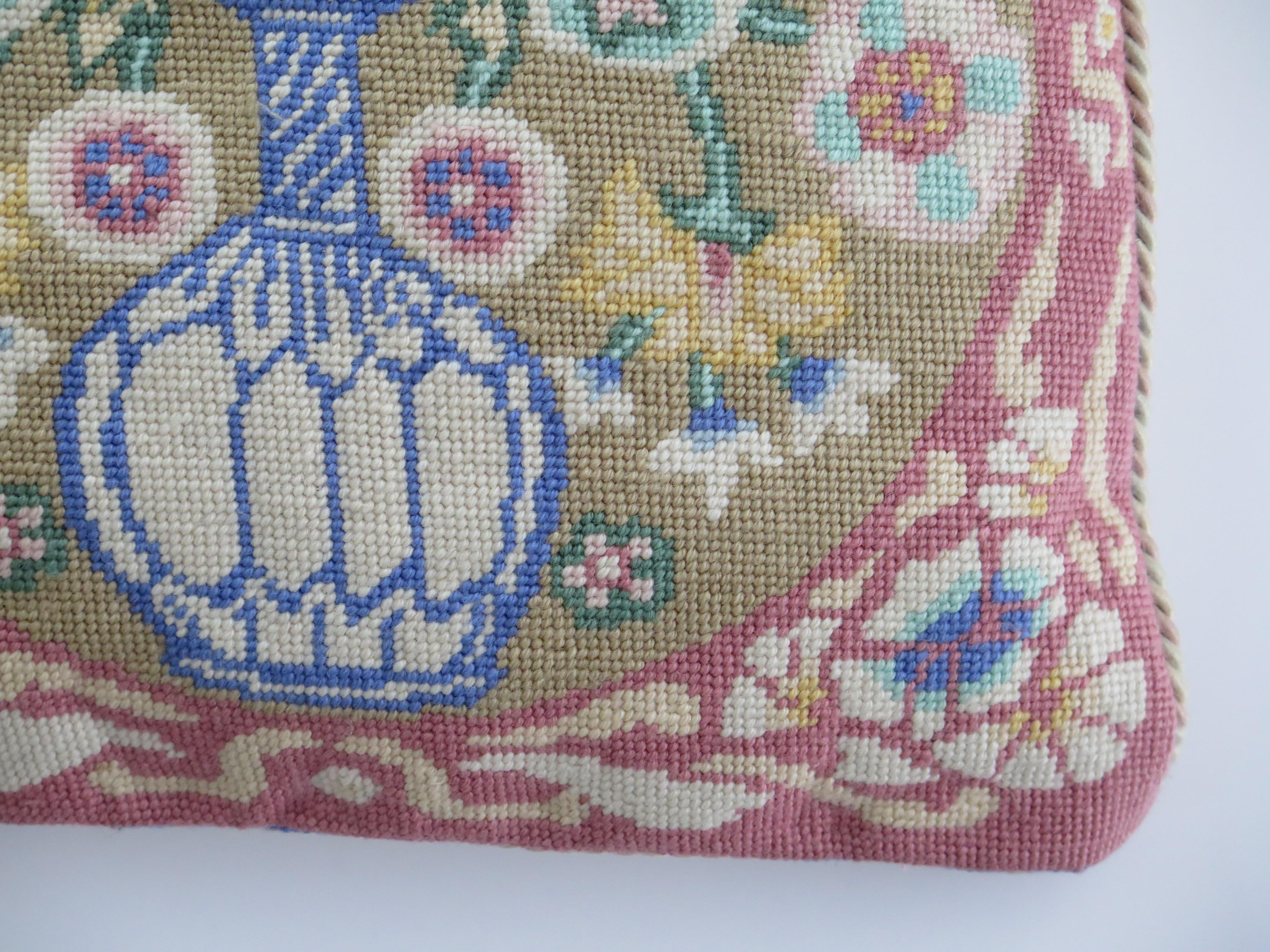 Woven Cushion or Pillow with Flower Vase pattern in pastel shades, Circa 1930s For Sale 1