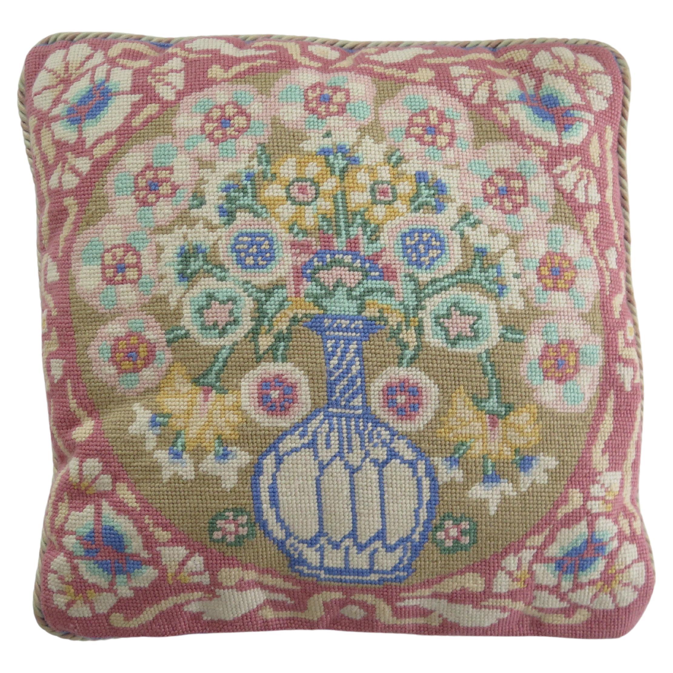 Woven Cushion or Pillow with Flower Vase pattern in pastel shades, Circa 1930s For Sale