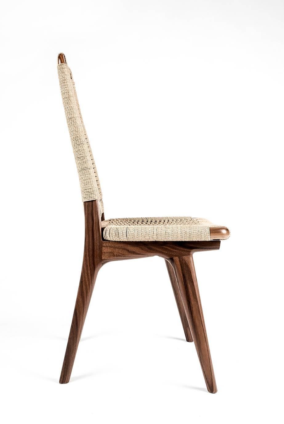 Hand-Crafted High Back Chair, Woven Danish Cord, Walnut, Hardwood, Mid Century, Dining For Sale