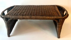 Woven Dark Wicker Bed Tray with Book Holders on Braided Handles