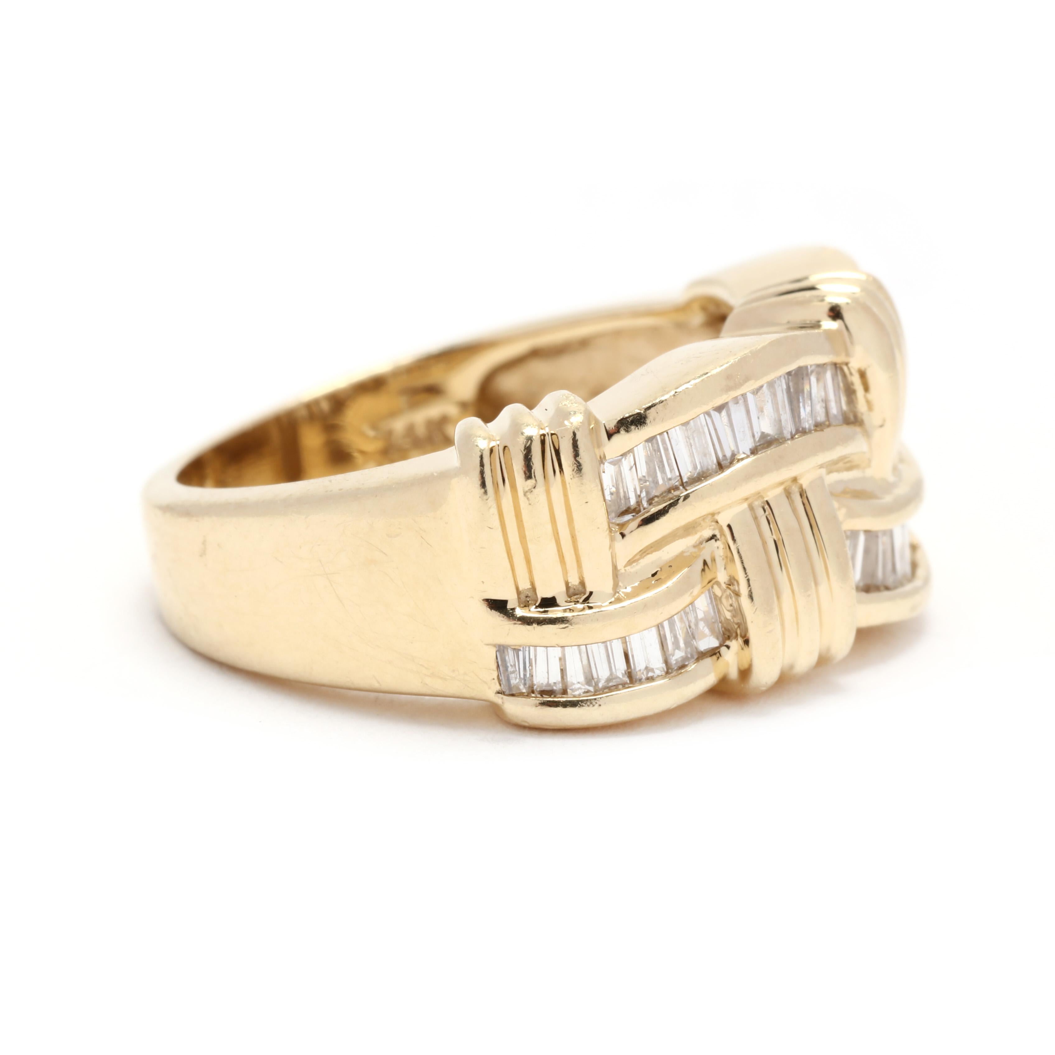 A vintage 14 karat yellow gold woven diamond band ring. This wave statement ring features a two row wave design with channel set tapered baguette cut diamonds weighing approximately .75 total carats and with gold woven throughout.

Stones:
-