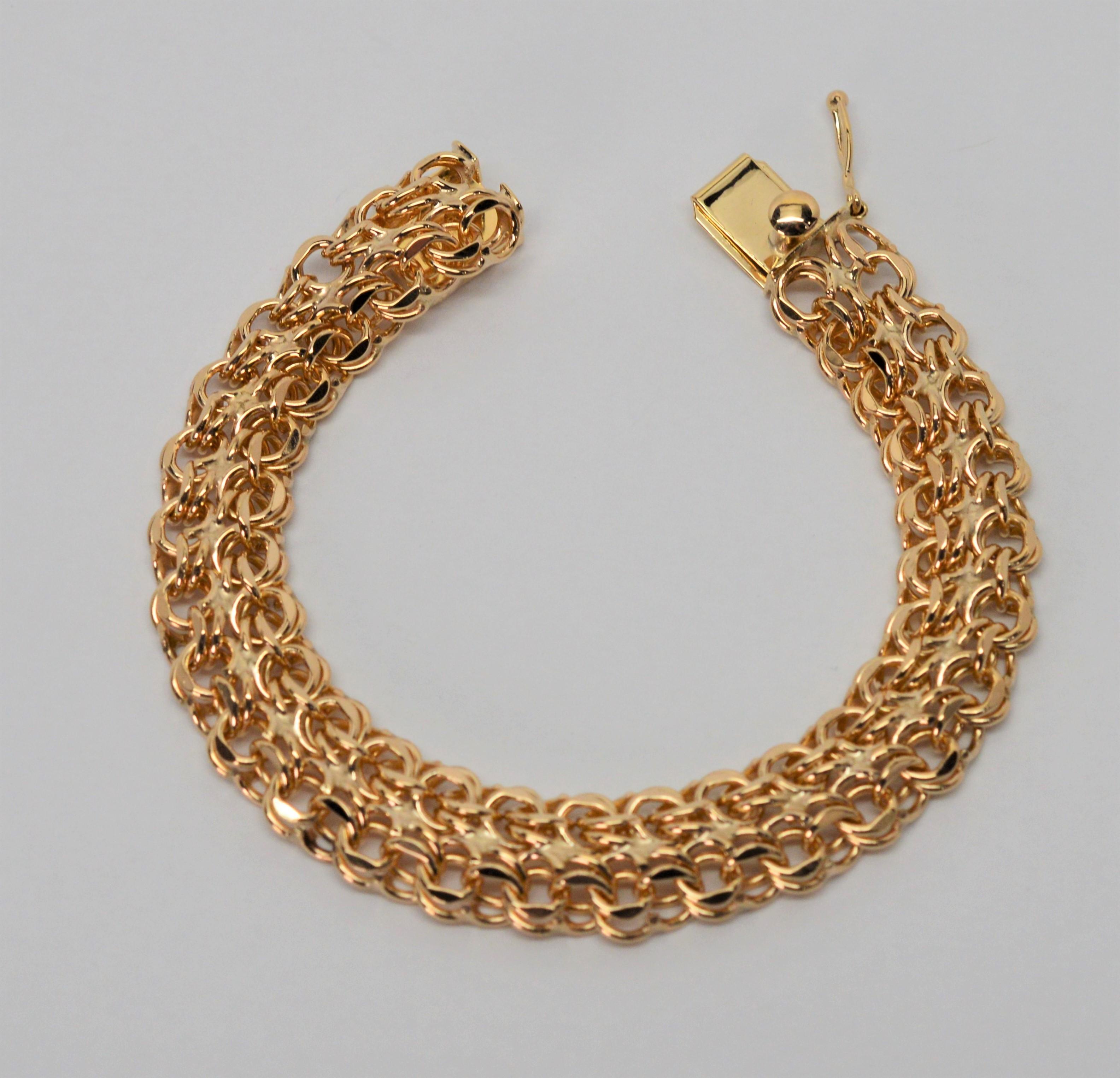 Bracelet chaîne à double maillon tissé en or jaune 14 carats en vente 1