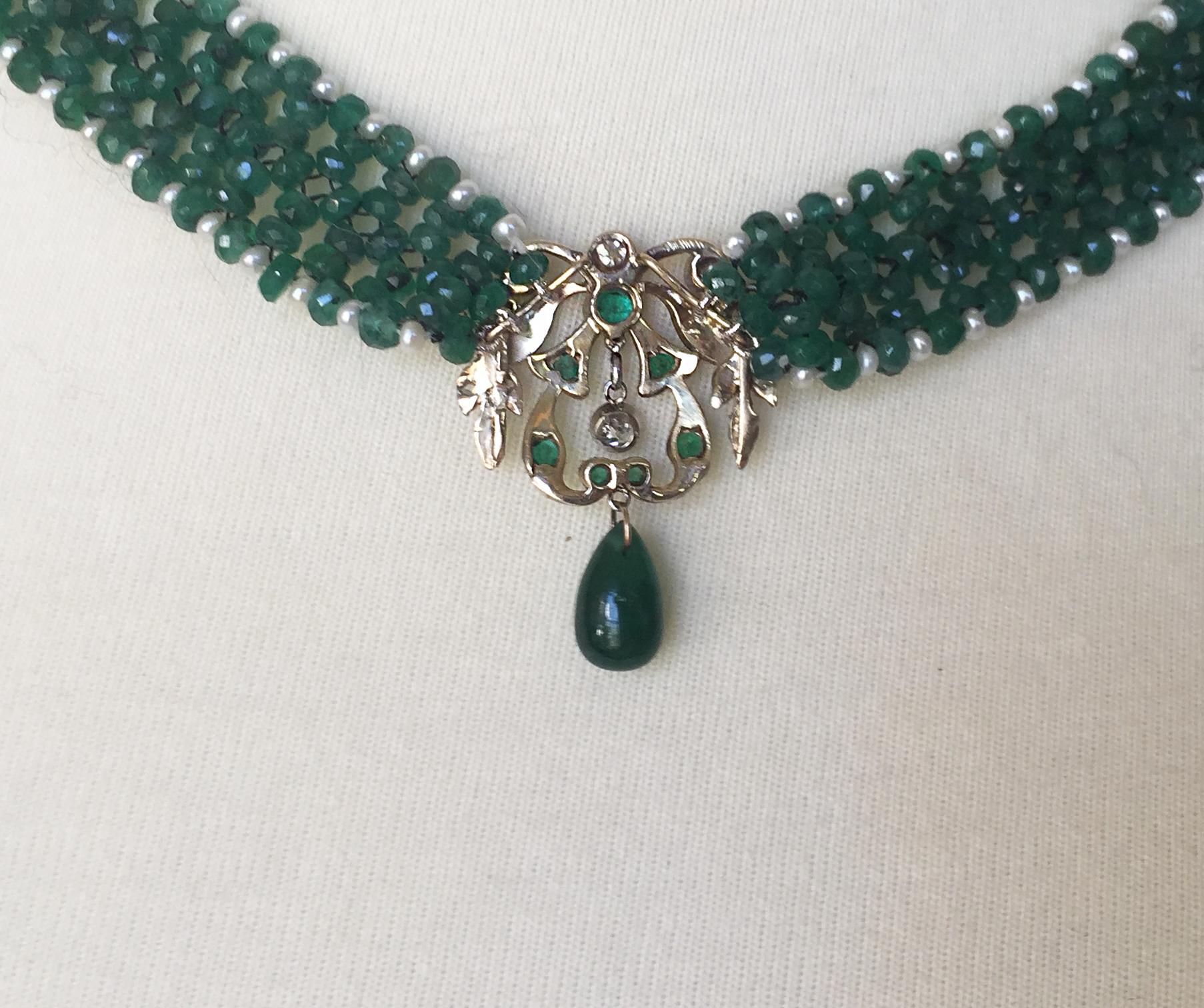 Artist Marina J Woven Emerald & Pearl Necklace with Unique Diamond Antique Centerpiece 