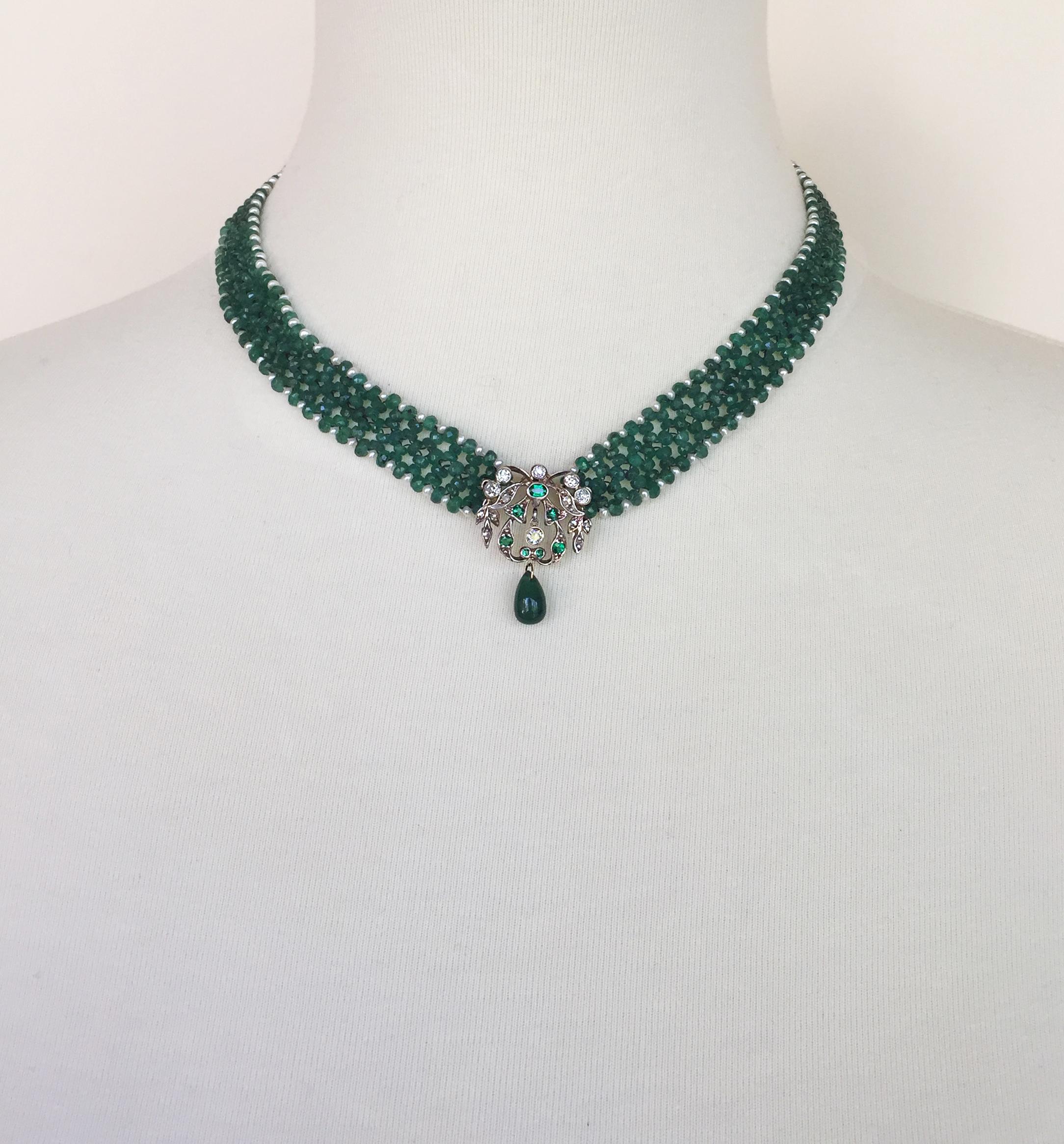 Emerald Cut Marina J Woven Emerald & Pearl Necklace with Unique Diamond Antique Centerpiece 