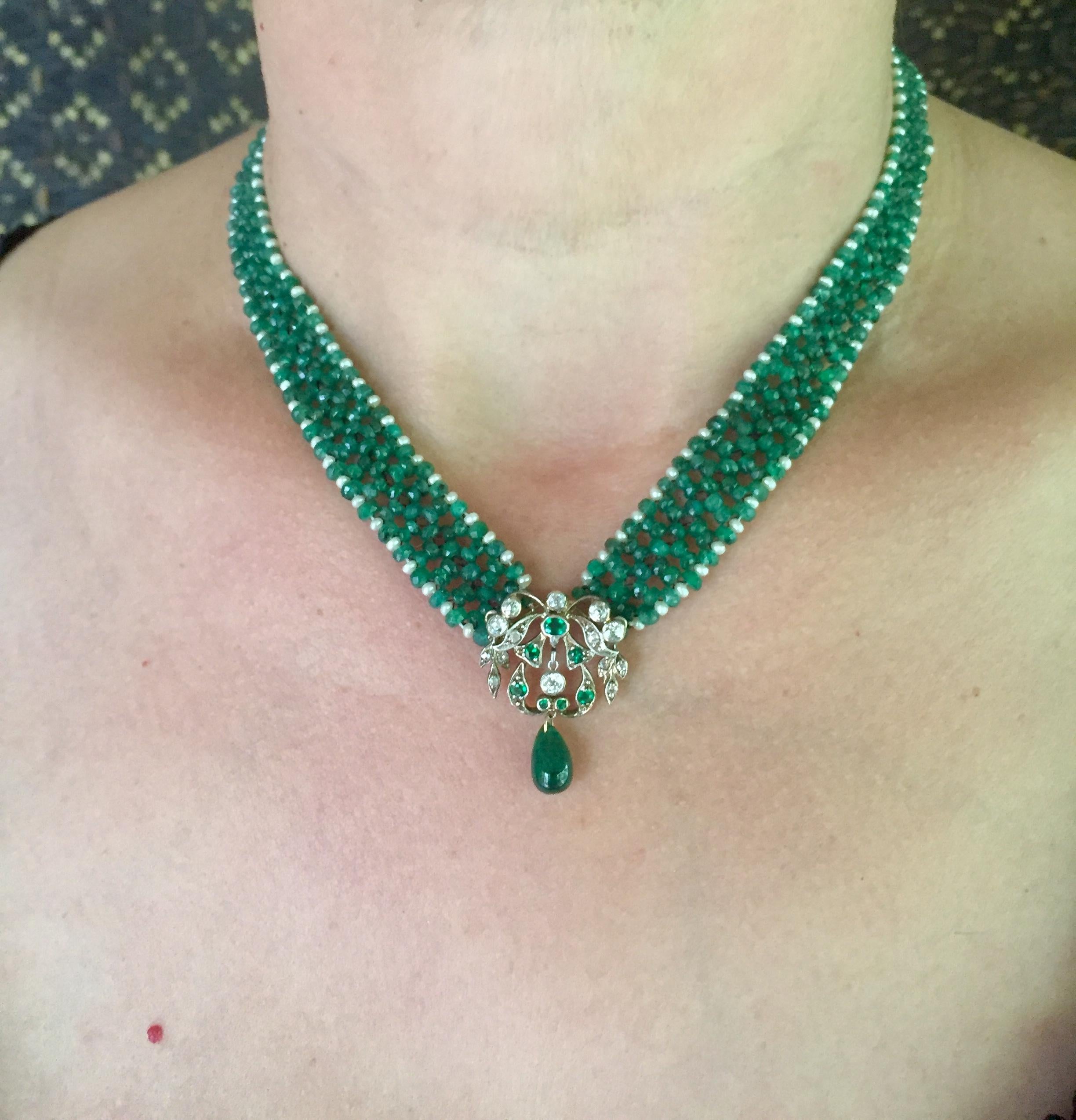 Marina J Woven Emerald & Pearl Necklace with Unique Diamond Antique Centerpiece  In New Condition In Los Angeles, CA