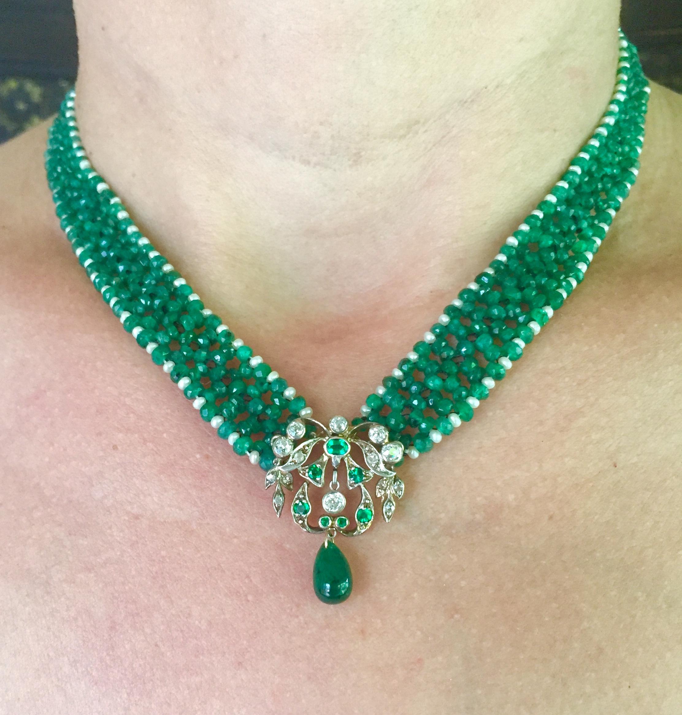 Women's Marina J Woven Emerald & Pearl Necklace with Unique Diamond Antique Centerpiece 