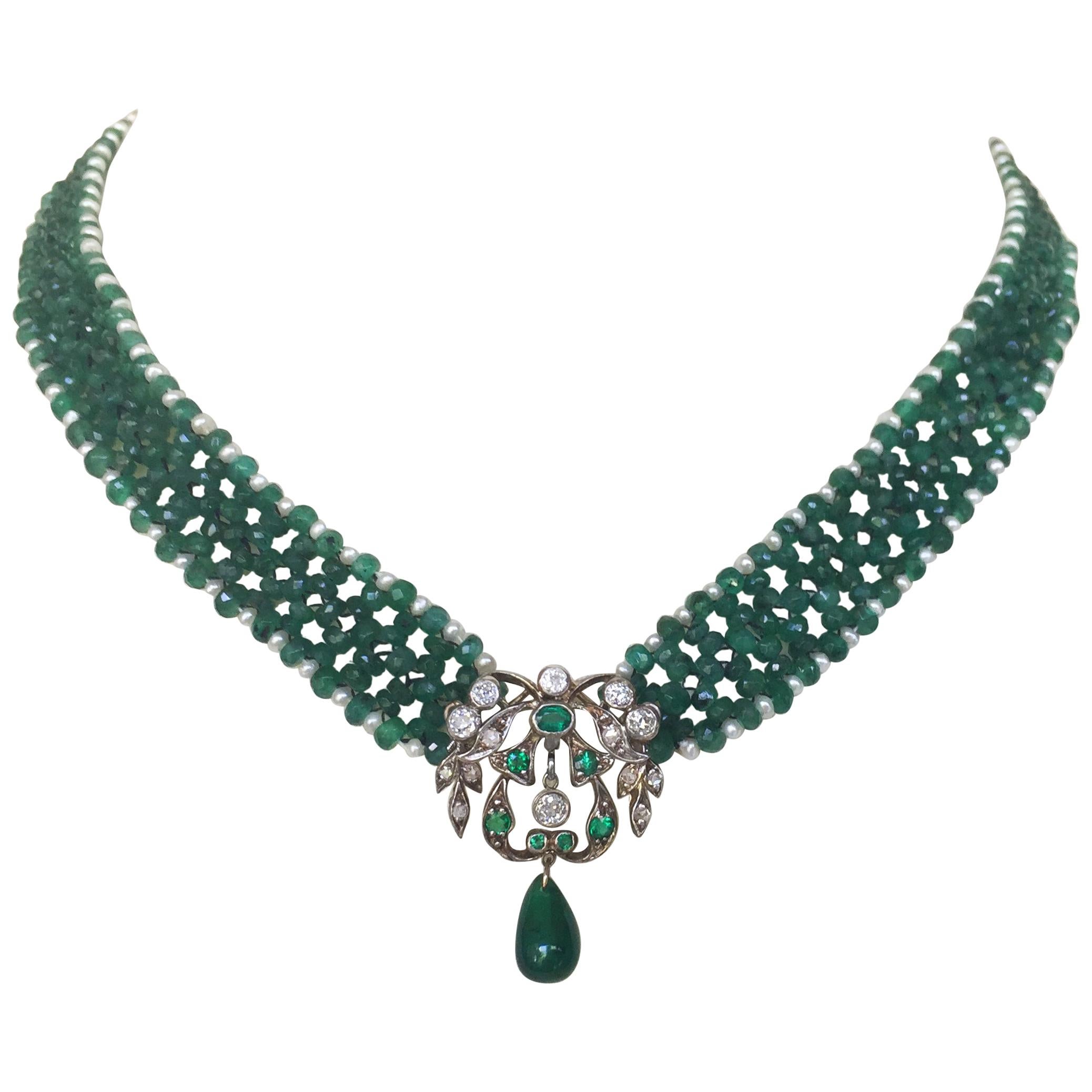 Marina J Woven Emerald & Pearl Necklace with Unique Diamond Antique Centerpiece 