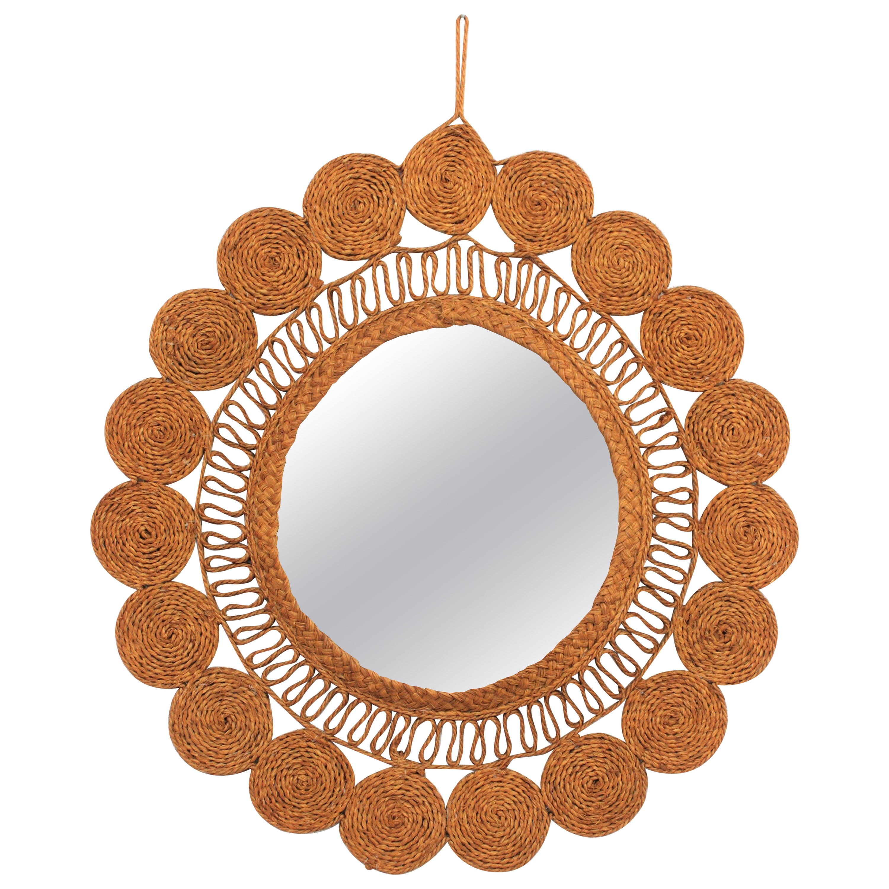 Miroir mural espagnol Esparto tissé en corde, années 1960 en vente