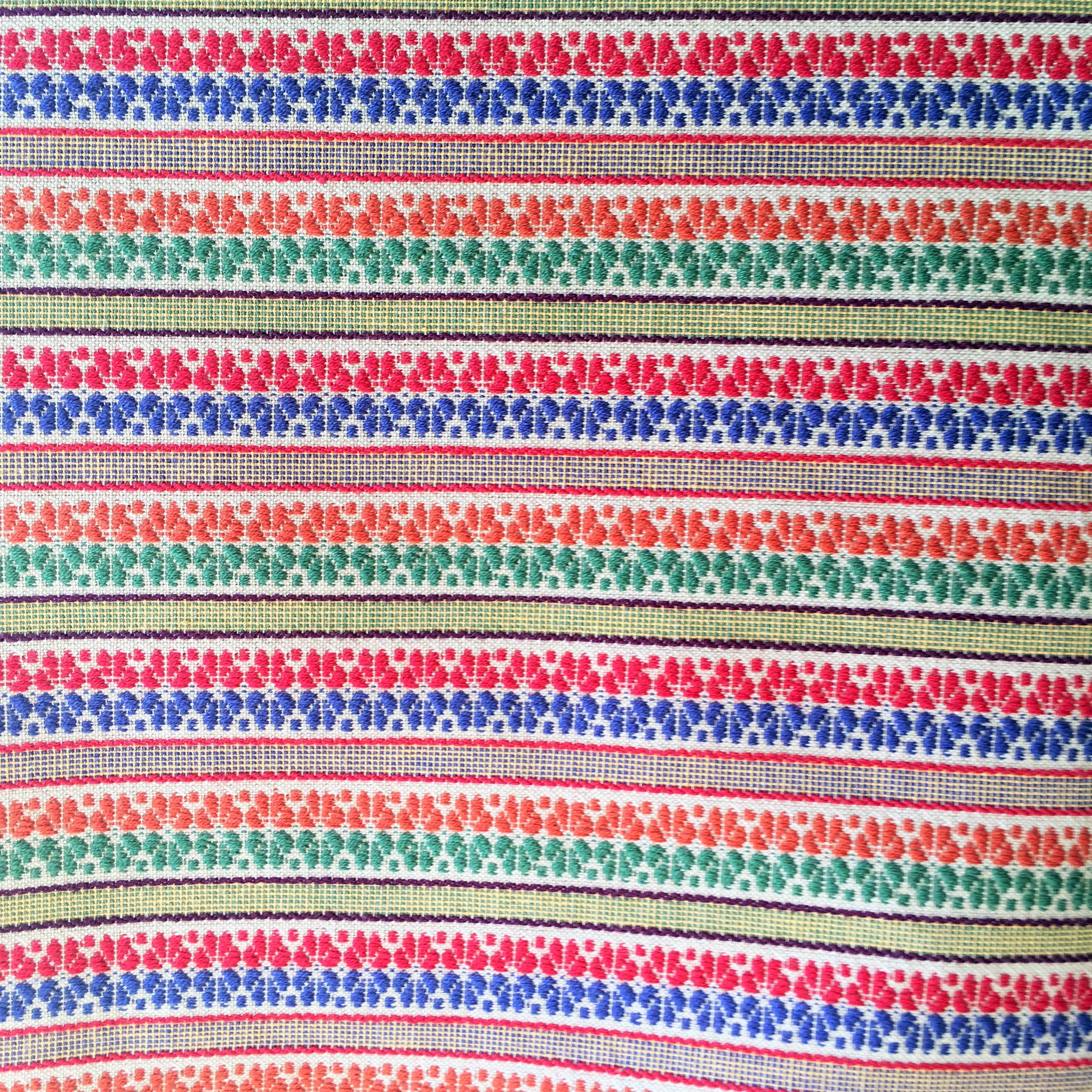 Textile Art
This is a beautiful remnant of a vintage floral textile. The design is woven on lightweight cotton and runs lengthwise as in the first image. Tan background, with floral motifs in medium green, primary blue, primary red, and deep